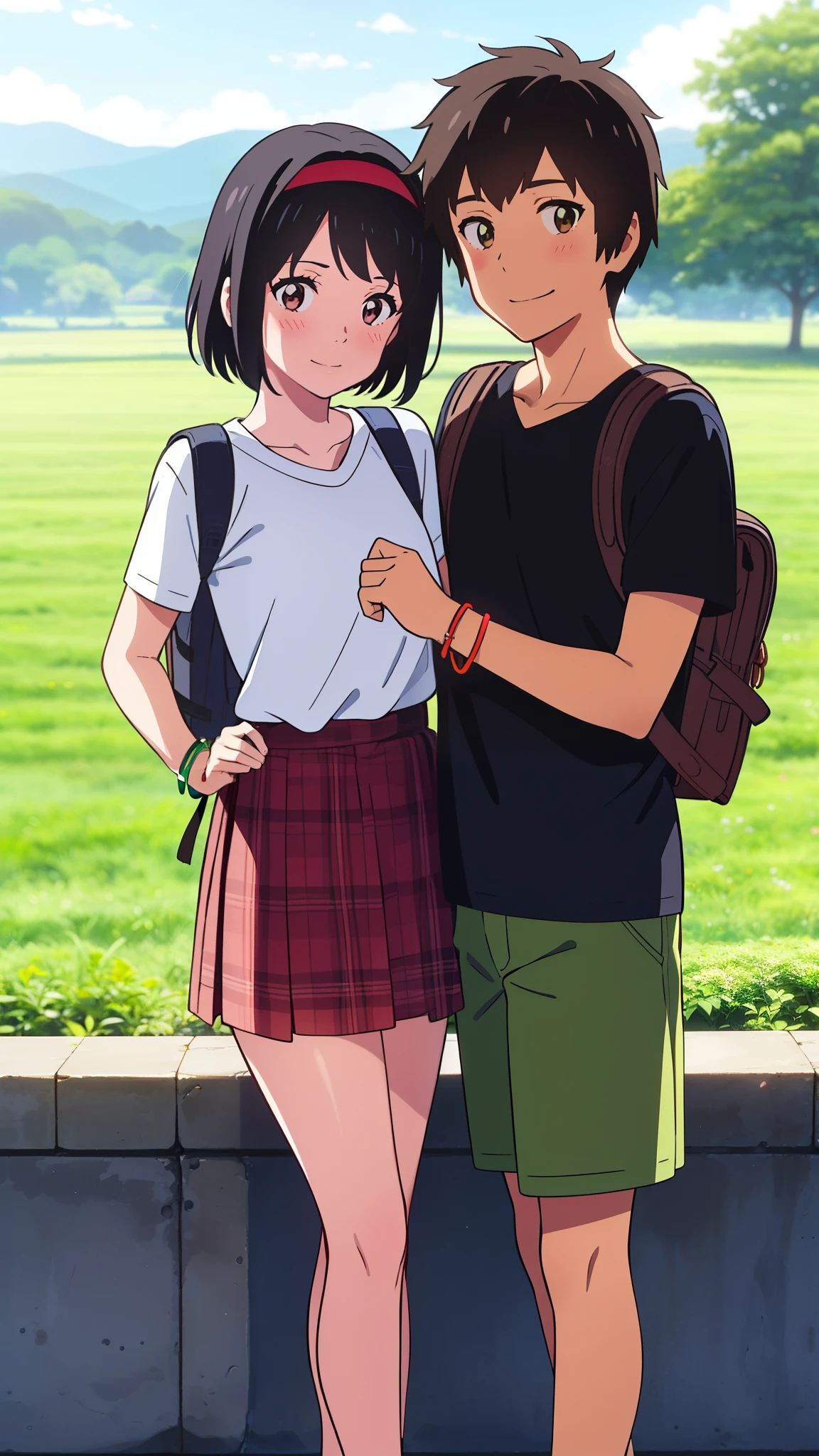shinkai makoto, kimi no na wa., 1girl, 1boy, bangs, black hair, short hair, blush, black hair, short hair, brown eyes, (boy wear casual shirt, shorts), ((girl wear casual shirt, red headband, red ribbon, green skirt, plaid skirt)), t-shirt, bracelet, cute, love, couple, adorable, dating, outdoors, beautiful, shinny skin, looking at viewer, smile, cute, forest and farm background, backpack