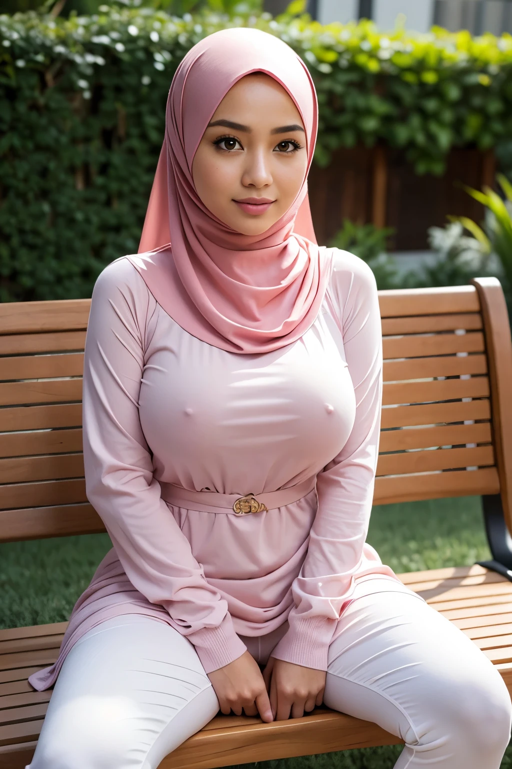 Best quality, high resolution, masterpiece: 1.3), beautiful Malay woman in hijab, showing big breasts, nice , Masterpiece, Best quality), Young woman, perfect slim fit body, (Huge breasts), big gorgeous eyes, Soft smile, pink delicate turtleneck print sun office dress, sitting on bench, spread legs showing vagina, legs up, necklace, shairband, afternoon walk, City garden, Excellent lighting, Bright colors, Clean lines