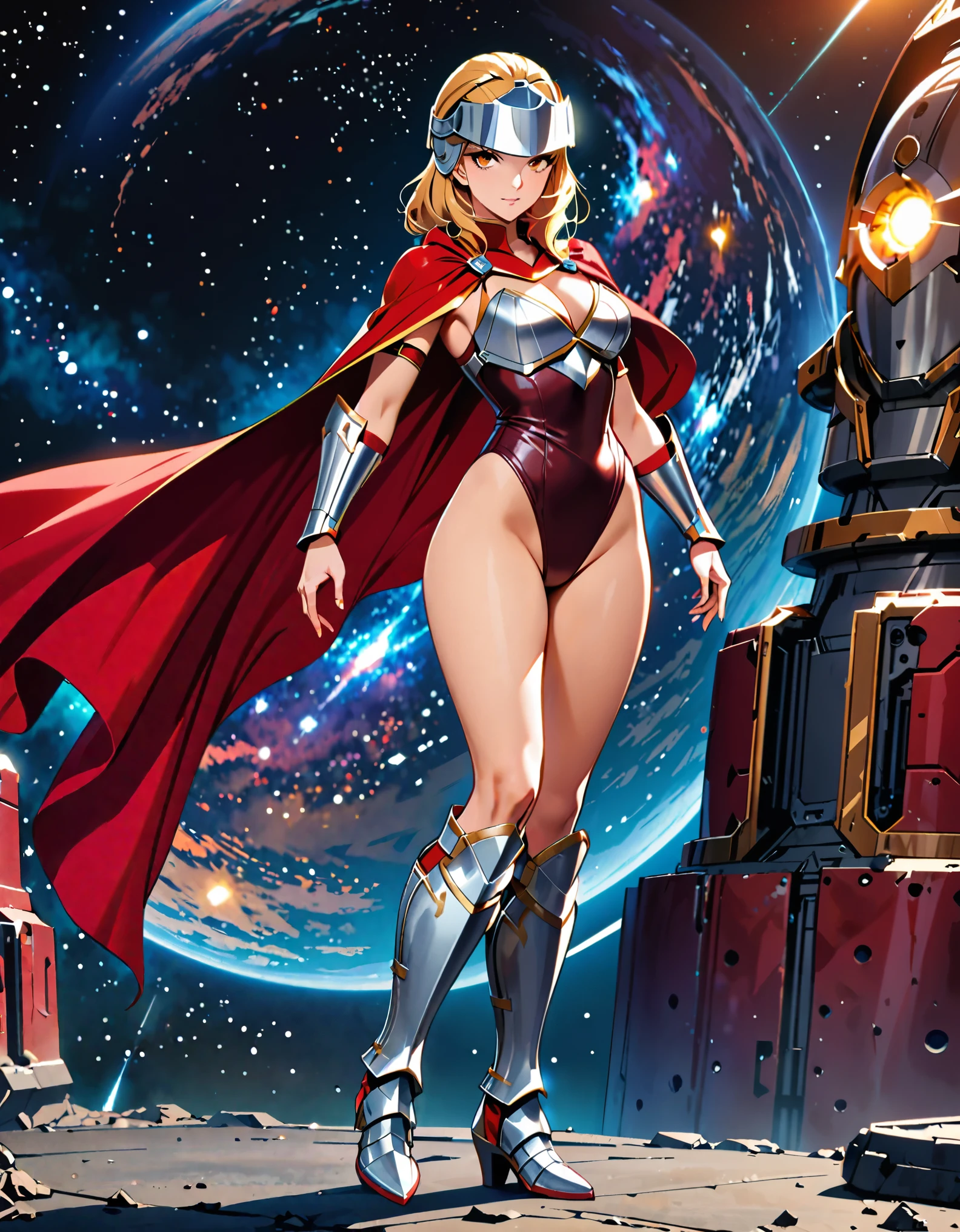 ((masterpiece)), ((best quality)), ((high res)), (dynamic villain pose), (solo, solo focus), standing, italian, (blonde hair, brown eyes), ((beautiful detailed eyes)), (a woman in a yellow and red costume and red cape), (leotard, bare legs), (roman helmet with futuristic visor, matching armored boots), (perfect hands, perfect anatomy), space backdrop