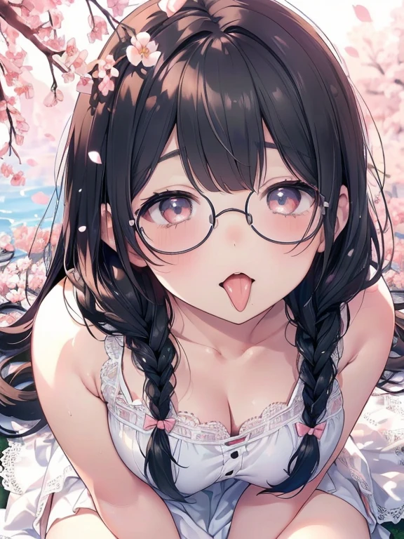 Very detailed, highest quality, High resolution, Moe Anime, ((A cute girl with black hair and droopy eyes leans forward)), ((Wearing large round glasses:1.4)), (Baby Face), Cute eyes, Detailed eye depiction, Sparkle in the eyes, View your viewers, Pale skin, (Big eyes:1.4, Droopy eyes:1.4), smile, Focus on the face, In the park with cherry blossoms falling, Sitting, (Extreme close up of tongue), (((From above:1.2))), (Open your mouth wide:1.5), (((Face only:1.3))), ((white lace sleeveless dress)), Bright Eyes, (Put your hands between your legs:1.4), large and long tongue, Cleavage, Braided hairstyle, Pink ribbon