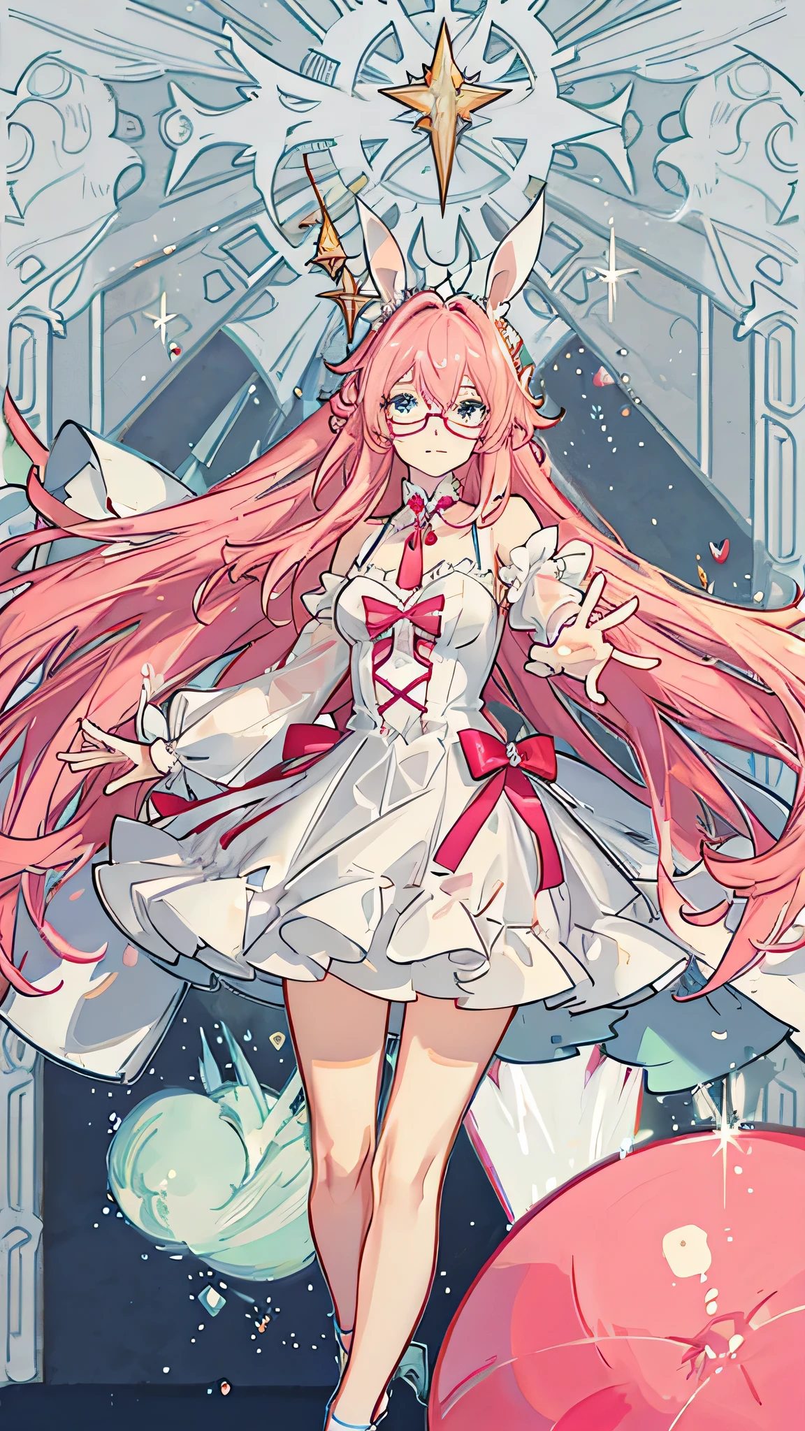 Cute bunny girl, pink hair, wearing red glasses, blue eyes, detailed face, masterpiece