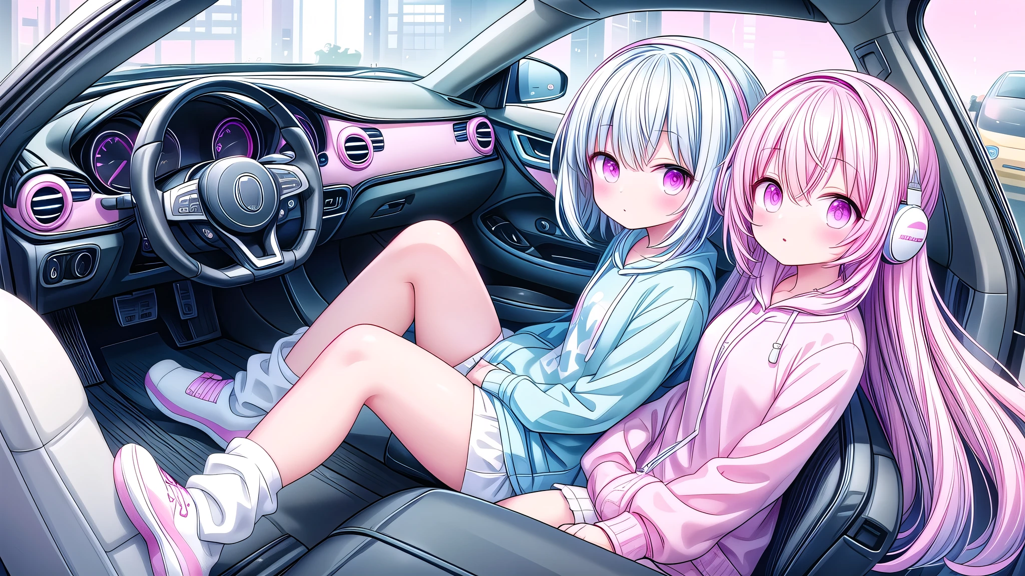 ，White knee socks，Long light blue hair，Pink and white sweatshirt，Pink Eyes，blue headphones，Inside the car，Cockpit