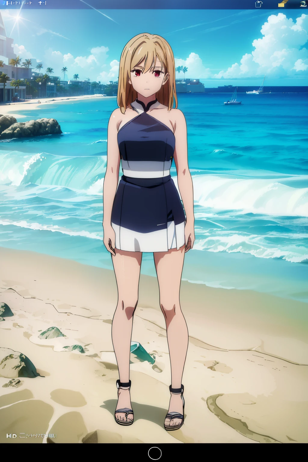 ((screenshot, High quality, Ultra HD, 4K, Detailed, Fan Art, Anime, Beach Episode 1, Yuzuyu's Work: 1.5)), karen, (1girl, solo), (Long blonde hair, sun-kissed waves, loose curls), (Bare-chested, Tan lines, Sunburnt shoulders), (Arms crossed under chest, Slight smile, Lustrous eyes), (Naked waist down, White sand, Ocean waves in background), (Thigh-high slit, Mini skirt design, White fabric), (Frontal view, Beach setting, Sunlight filter), (High contrast, Bright colors, Det