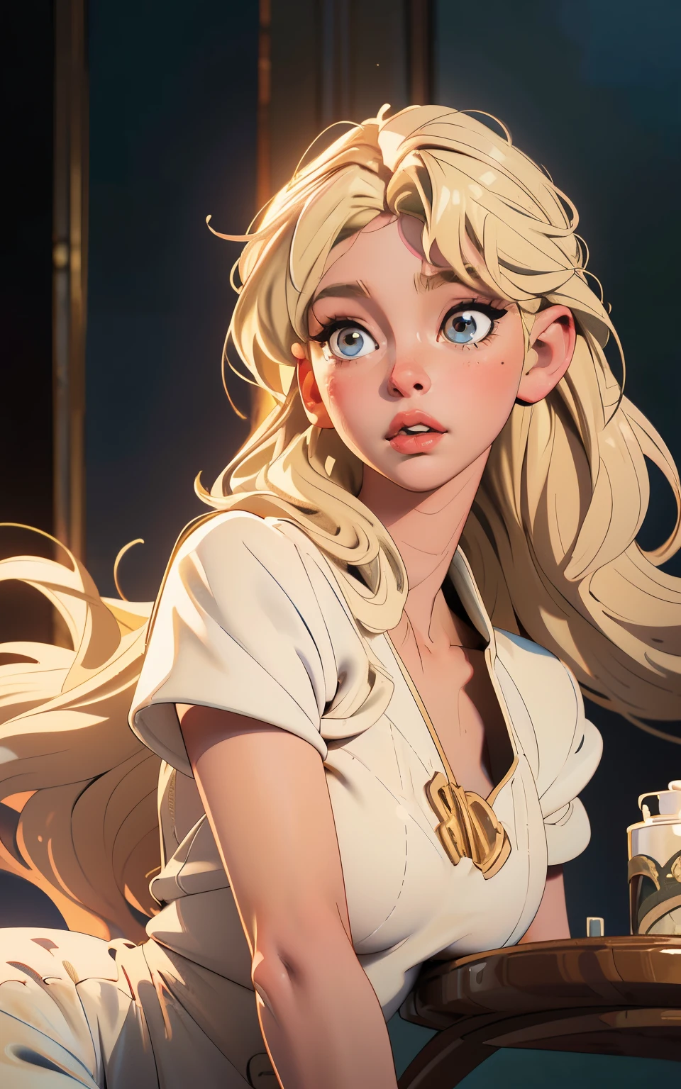 Highly Detailed CG Unity 8k Wallpaper, Top Quality Masterpiece:
1.3) A super-detailed, photorealistic, and breathtakingly realistic young woman graces this illustration. At 25 years old, she is a vision of youthful beauty, with ((blonde hair: 1.4)) dyed a brilliant shade of gold that shines under the soft lighting. She is a gal, with round eyes that sparkle with life, a hint of blush on her cheeks, and parted lips that Wildean captivate the viewer. The artwork is a semi-body shot, showcasing her graceful form in a chic bath