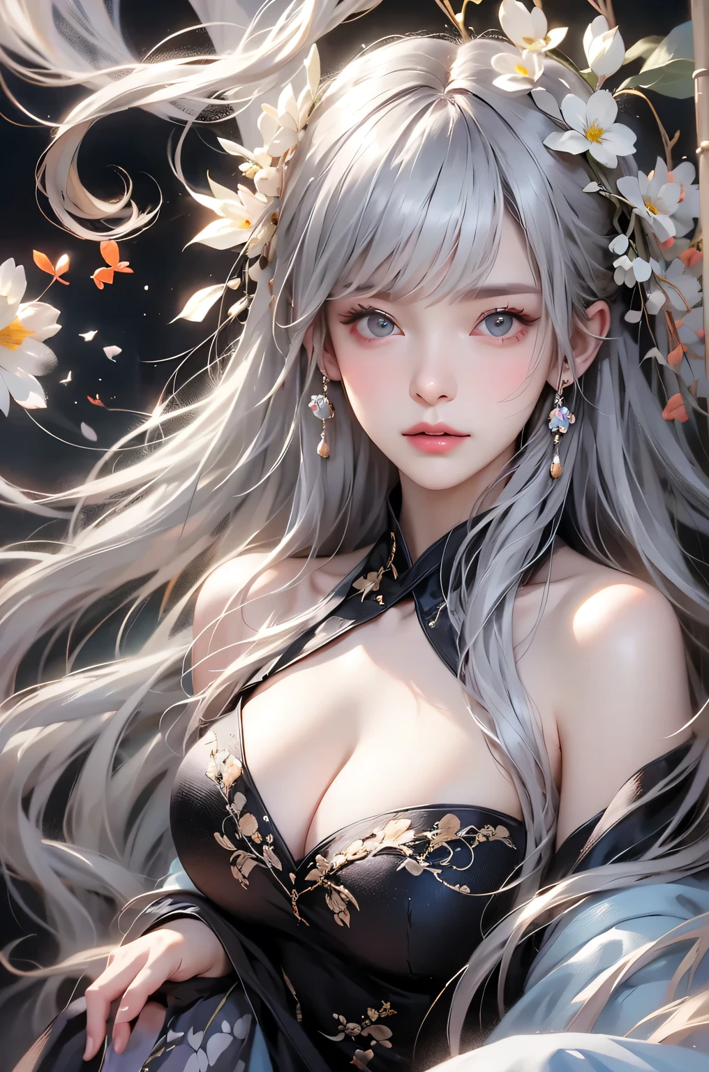 super high quality, masterpiece, Perfect illustration, Very detailed (Exquisite light and shadow, Very dramatic photo,Backlight) , ((Gray Hair:1.5))1 girl, alone, (Wearing Han clothes, Royalty、Black and white Hanfu,Monotony,Long sleeve) Flower Field, Flowers, (White smoke:1.3) (Realistic:1.4), Zen Intertwining, Tangled, Official Art, unity 8k wallpaper, Very detailed, Beautiful and beautiful, masterpiece, highest quality, (Dynamic Angle: 1.4), Glowing Skin, (Floating colorful flashes: 1) The most beautiful chaotic shapes, elegant, Brutalist Design, Bright colors, Romantic Depth of Field Exotic_dance, half_naked、((Off the shoulder、Expose your shoulders、Ample breasts、Great cleavage))