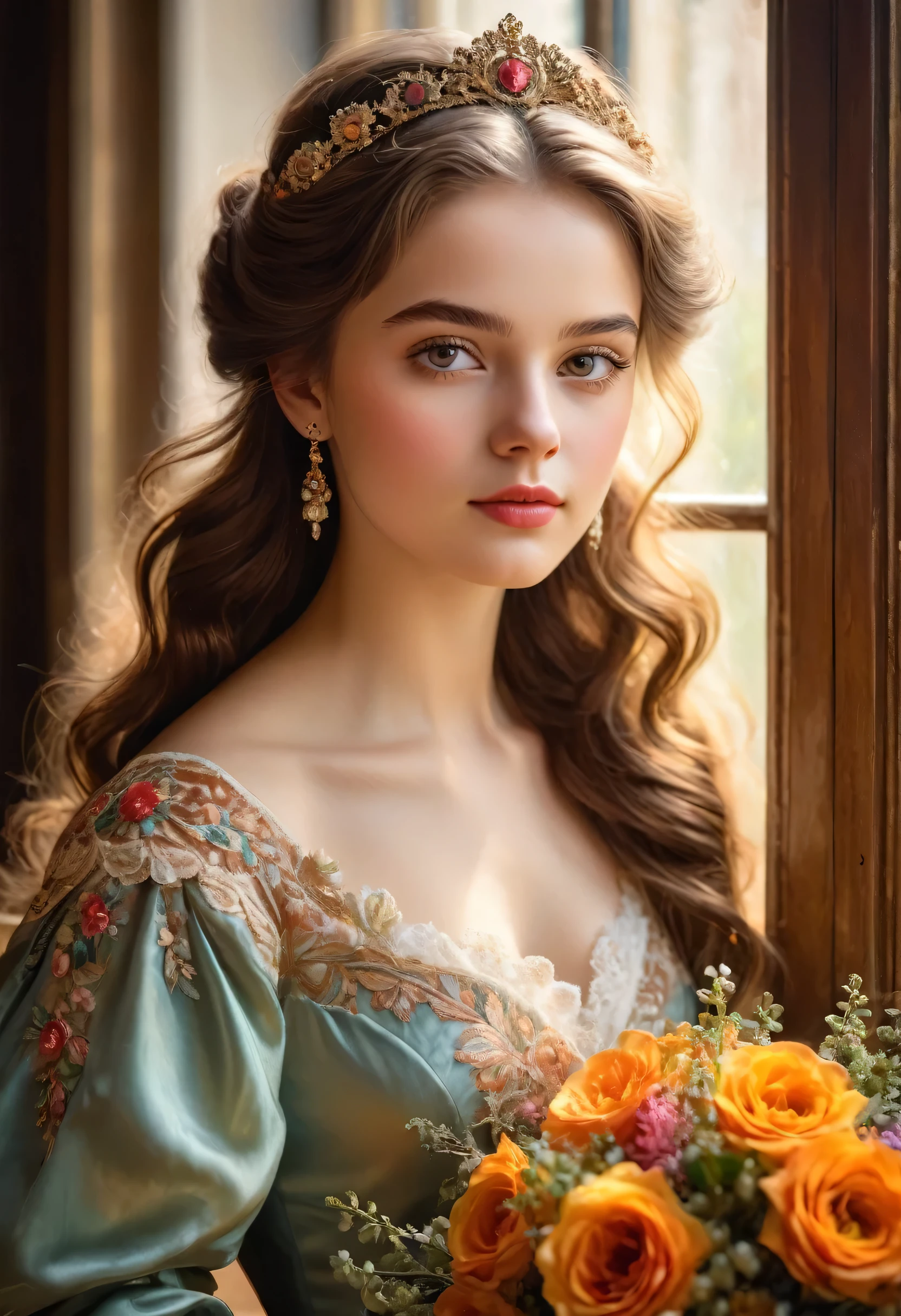 Portrait of a Beautiful 18-year-old Girl in 19th Century
medium: oil painting
beautiful detailed eyes, beautiful detailed lips, extremely detailed eyes and face, long eyelashes
chestnut brown hair in elaborate curls, styled with a delicate floral hair accessory
elegant and ornate dress in vibrant colors, adorned with delicate lace and embroidery
perfectly manicured hands holding a bouquet of fresh flowers
soft and glowing skin, with a healthy rosy complexion
subtle expression of youthful innocence and curiosity in her eyes
graceful posture and gentle smile, radiating timeless charm
faint sunlight gently filtering through a window, casting a warm glow on her face
impeccable attention to lighting and shading, emphasizing the girl's natural beauty
rich and vibrant color palette, capturing the elegance and opulence of 19th century Munich
subtle brushstrokes and fine details, showcasing the artist's skill and mastery of the medium
(masterpiece:1.2), ultra-detailed, (photorealistic:1.37), HDR, UHD, professional
classic portrait style, reminiscent of the great masters of the era
overall warm and inviting atmosphere, transporting the viewer to a bygone era