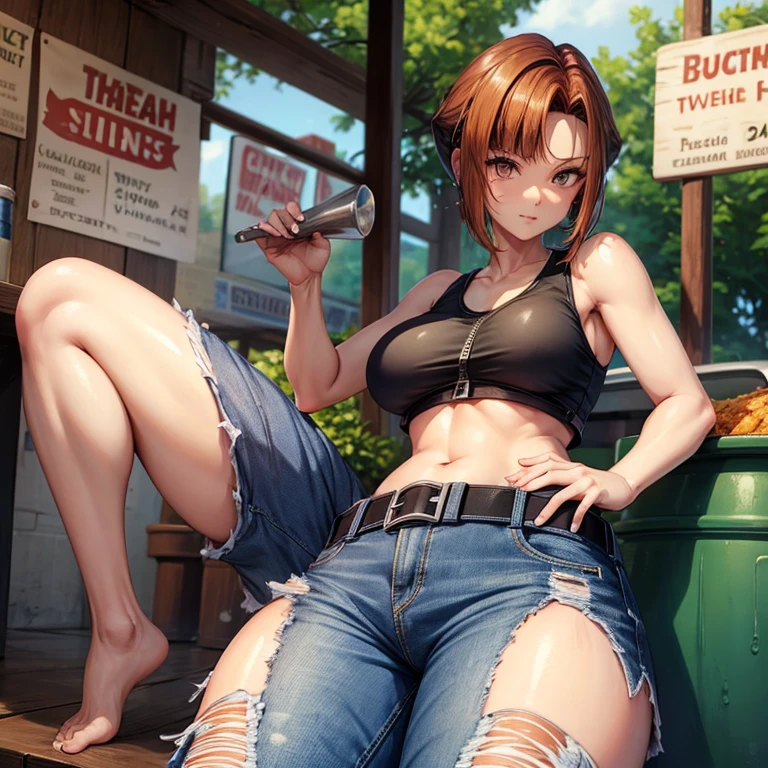 A woman in a tank top and full-zip shorts making salsa sauce at a taco stand Jeans have belts Belly on piercing There are side slits Big buttail the buttocksng the groin area Up to the thighs High leg Swirl Eyes