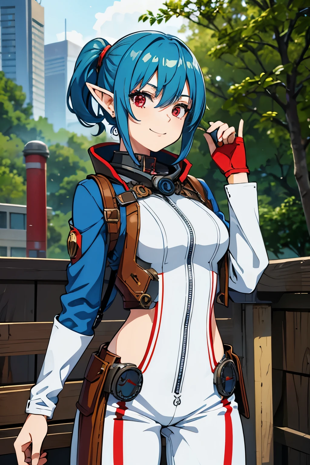 age Elf Female, Blue Hair, Red Eye, Tree Earring, Steampunk Goggle, Gas Mask, White Jumpsuit with Mechanic Shoulder Armor, Shibuya City Theme Background, Happy Emotion mood, Cute Smile, Anime, Masterpiece.