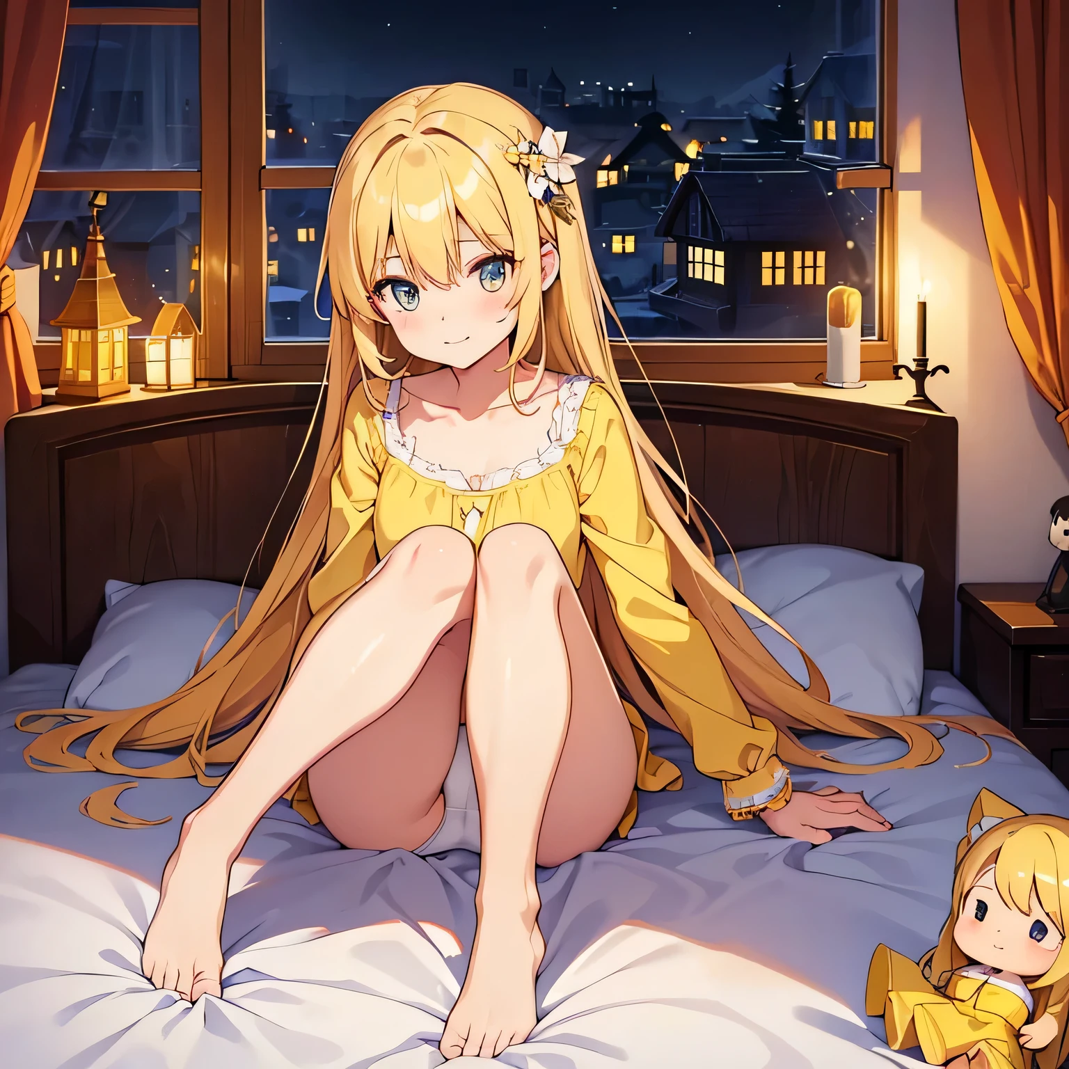 Midnight、((sexual)), (exposure), japanese anime, on bed, beautiful face, beautiful legs, lying on bed, 1 female, white underwear, detailed, 8k, ((opening both legs)), beautiful hair, yellow hair, (very dark room), M-shaped legs, With legs apart, night, at night, front、Facing front、gently smiling, whole bodyが見える, 4K quality, goddess, Cute Moe Anime, Healing, clear, A kind smile, Anime style Japanese hairstyle, Beauty, Clear Eyes, whole body, Cute face, Perfect Anatomy, Smooth, beautiful hair, both legs opened,　Lying in bed、Thin legs、thighs, candle lighting, With legs apart、underwear, twin-tail hairstyle, beautiful eyes, whole body、full body, huge window, windows all around, yellow pajamas, in her room, in girl's room, cute room, Stuffed animals and dolls for girls, kids room, sexy, sexy posing, night time, dark room in the night, Hair ornaments with flowers, dark village from window, ((yellow room)), ((yellow dollhouse-styled room)), midnight, in the middle of night, german village, european village, candlelight, wooden room, wooden, wooden architecture, night village, cold night, german style architecture, german style room,