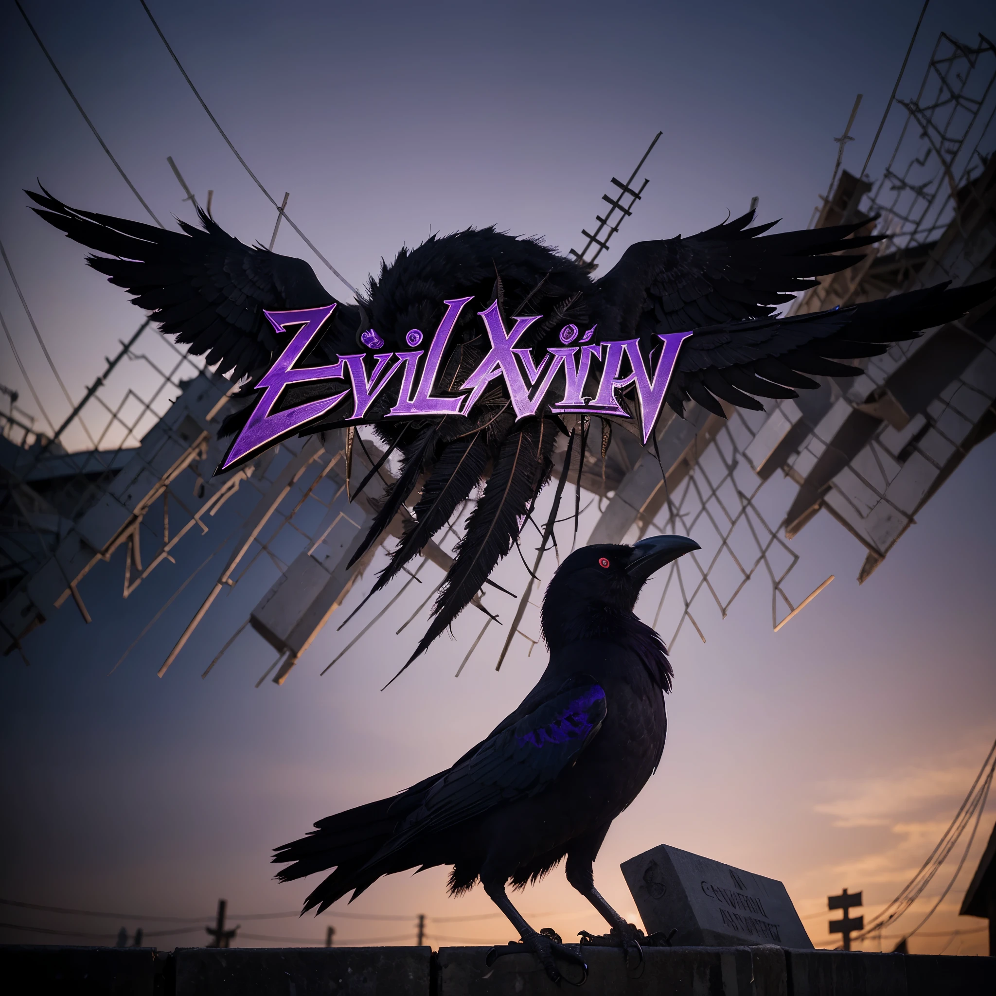 Logo with evil Crow with the name SNIPEX in the image with graffiti lettering in metallic purple and a horror and cemetery background and the name EVIL CROW in the lower corner of the image 