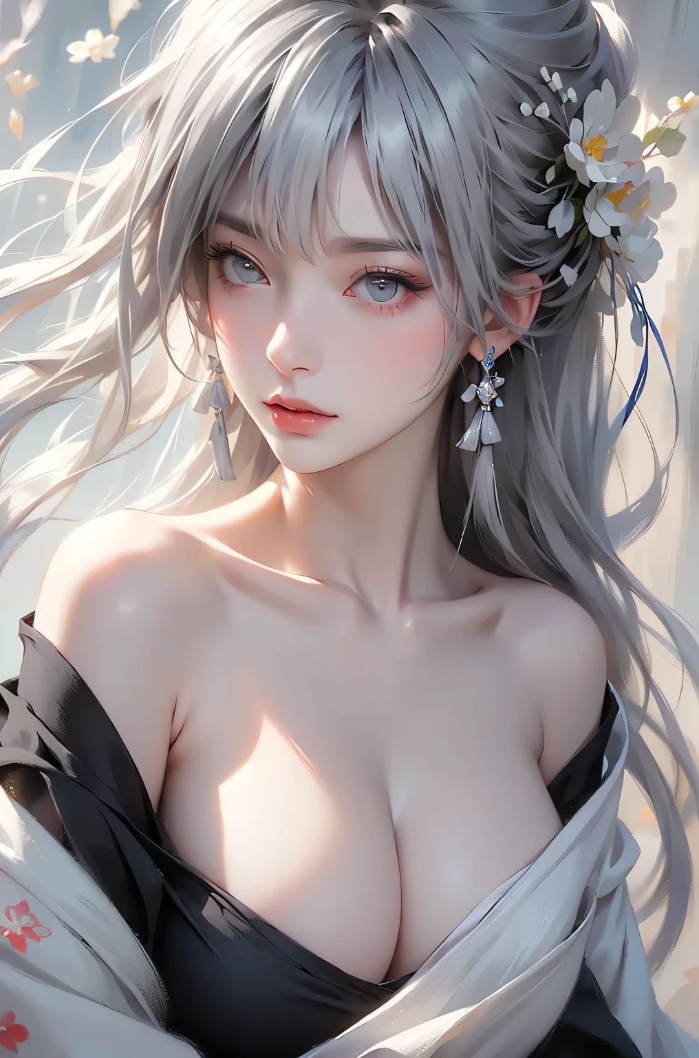 super high quality, masterpiece, Perfect illustration, Very detailed (Exquisite light and shadow, Very dramatic photo,Backlight) , ((Gray Hair:1.5))1 girl, alone, (Wearing Han clothes, Royalty、Black and white Hanfu,Monotony,Long sleeve) Flower Field, Flowers, (White smoke:1.3) (Realistic:1.4), Zen Intertwining, Tangled, Official Art, unity 8k wallpaper, Very detailed, Beautiful and beautiful, masterpiece, highest quality, (Dynamic Angle: 1.4), Glowing Skin, (Floating colorful flashes: 1) The most beautiful chaotic shapes, elegant, Brutalist Design, Bright colors, Romantic Depth of Field Exotic_dance, half_naked、((Off the shoulder、Expose your shoulders、Ample breasts、Great cleavage))