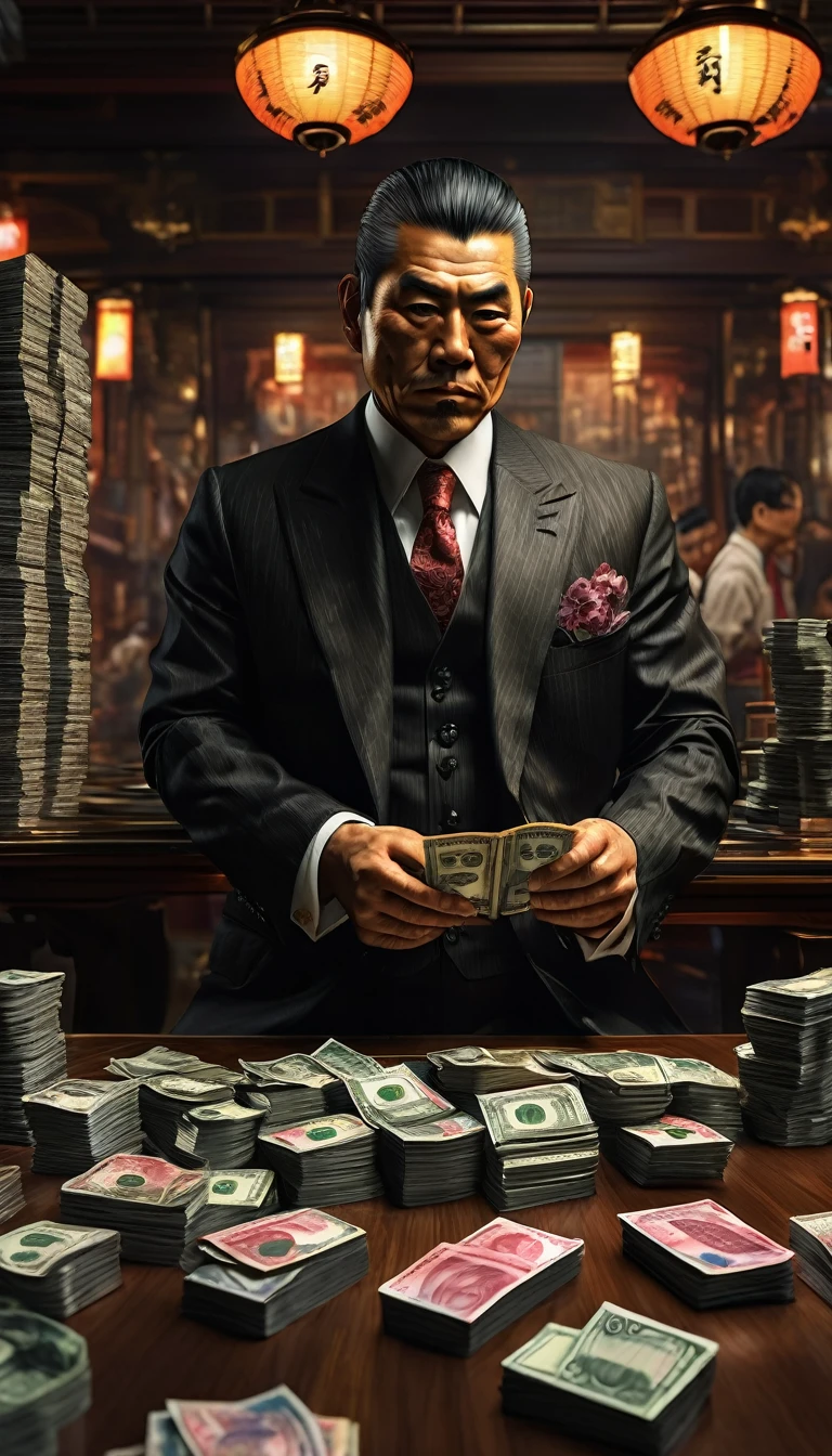 A Yakuza member counting stacks of yen, representing their economic influence, detail, shot, dramatic, daylight, indoor studio lights, medium shot , highly detailed, vibrant, detailed textures, medium shot, ultrawide, full length shot, realistic, bright, ultrarealistic, realistic focus face, bright scene, city, 8k ,hyper realistic, ultra detailed hyper realistic, photorealistic, Studio Lighting, reflections, Cinematic, historical accuracy, Color Grading, Photography, Shot on 50mm lens, Depth of Field, hyper-detailed, beautifully color, 8k