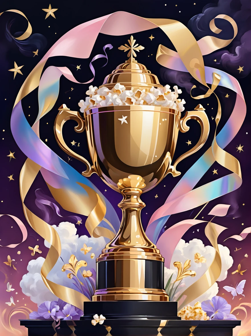 (((Crazy illustration abstract gold trophy:1.3)))，(((Trophy decoration effect:1.3)))，(((Wear ribbons:1.3)))，Eternal fantasy style，Dizziness symbol，iris，White smoke with multiple notes，Popcorn，lavender blush，Artistic Color，Diamond shape with dots inside，Paradise in Heaven，shelter，high resolution，Rich colorful brushstrokes，The most true，Details of the origins and consequences of the absurd，Ridiculous resolution，Showing readiness to sacrifice one&#39;s life，Pretend to be brave and fearless，The atmosphere disappears quietly，Creating Hell，Paradise of Despair，and madness，Background secret stone carving broken，Light and Shadow，Confusing the Light of Truth，The brilliance of countless star fragments，Illustrations show justice and stupidity，Crazy Wolf，Seamless dark fantasy smoke，Dazzling fantasy garden illustration，Sad flower，Reverberation Reflection