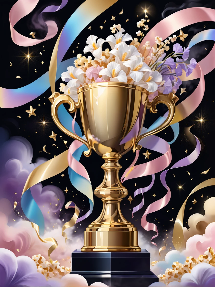 (((Crazy illustration abstract gold trophy:1.3)))，(((Trophy decoration effect:1.3)))，(((Wear ribbons:1.3)))，Eternal fantasy style，Dizziness symbol，iris，White smoke with multiple notes，Popcorn，lavender blush，Artistic Color，Diamond shape with dots inside，Paradise in Heaven，shelter，high resolution，Rich colorful brushstrokes，The most true，Details of the origins and consequences of the absurd，Ridiculous resolution，Showing readiness to sacrifice one&#39;s life，Pretend to be brave and fearless，The atmosphere disappears quietly，Creating Hell，Paradise of Despair，and madness，Background secret stone carving broken，Light and Shadow，Confusing the Light of Truth，The brilliance of countless star fragments，Illustrations show justice and stupidity，Crazy Wolf，Seamless dark fantasy smoke，Dazzling fantasy garden illustration，Sad flower，Reverberation Reflection