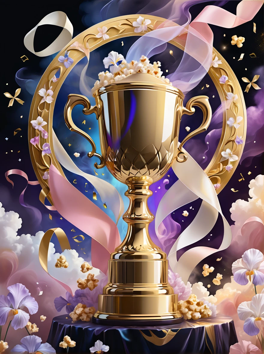 (((Crazy illustration abstract gold trophy:1.3)))，(((Trophy decoration effect:1.3)))，(((Wear ribbons:1.3)))，Eternal fantasy style，Dizziness symbol，iris，White smoke with multiple notes，Popcorn，lavender blush，Artistic Color，Diamond shape with dots inside，Paradise in Heaven，shelter，high resolution，Rich colorful brushstrokes，The most true，Details of the origins and consequences of the absurd，Ridiculous resolution，Showing readiness to sacrifice one&#39;s life，Pretend to be brave and fearless，The atmosphere disappears quietly，Creating Hell，Paradise of Despair，and madness，Background secret stone carving broken，Light and Shadow，Confusing the Light of Truth，The brilliance of countless star fragments，Illustrations show justice and stupidity，Crazy Wolf，Seamless dark fantasy smoke，Dazzling fantasy garden illustration，Sad flower，Reverberation Reflection