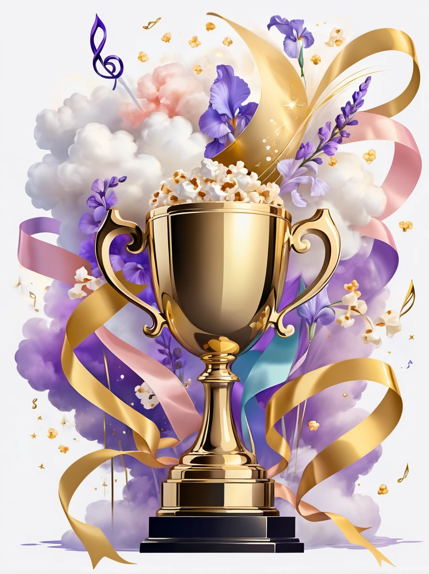 (((Crazy illustration abstract gold trophy:1.3))),(((Trophy decoration effect:1.3))),(((Wear ribbons:1.3))),Eternal fantasy style,Dizziness symbol,iris,White smoke with multiple notes,Popcorn,lavender blush,Artistic Color,Diamond shape with dots inside,Paradise in Heaven,shelter,high resolution,Rich colorful brushstrokes,The most true,Details of the origins and consequences of the absurd,Ridiculous resolution,Showing readiness to sacrifice one's life,Pretend to be brave and fearless,The atmosphere disappears quietly,Creating Hell,Paradise of Despair,and madness,Background secret stone carving broken,Light and Shadow,Confusing the Light of Truth,The brilliance of countless star fragments,Illustrations show justice and stupidity,Crazy Wolf,Seamless dark fantasy smoke,Dazzling fantasy garden illustration,Sad flower,Reverberation Reflection