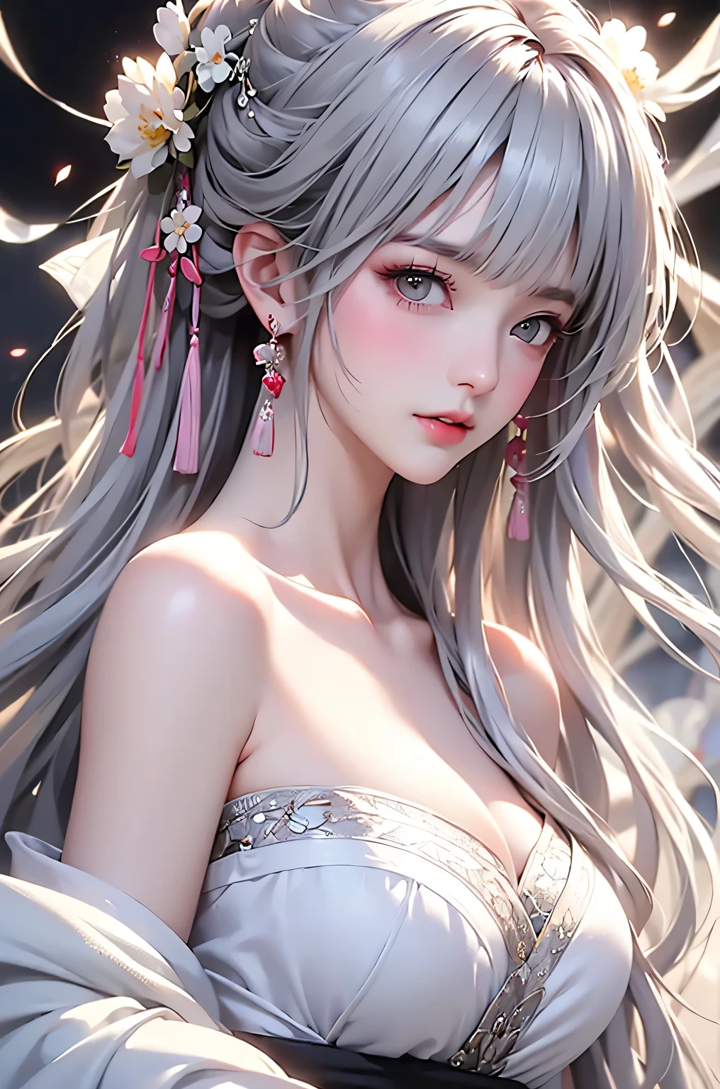 super high quality, masterpiece, Perfect illustration, Very detailed (Exquisite light and shadow, Very dramatic photo,Backlight) , ((Gray Hair:1.5))1 girl, alone, (Wearing Han clothes, Royalty、Black and white Hanfu,Thick fabric,Long sleeve) Flower Field, Flowers, (White smoke:1.3) (Realistic:1.4), Zen Intertwining, Tangled, Official Art, unity 8k wallpaper, Very detailed, Beautiful and beautiful, masterpiece, highest quality, (Dynamic Angle: 1.4), Glowing Skin, (Floating colorful flashes: 1) The most beautiful chaotic shapes, elegant, Brutalist Design, Bright colors, Romantic Depth of Field Exotic_dance, half_naked、((Off the shoulder、Expose your shoulders、Ample breasts、Great cleavage))