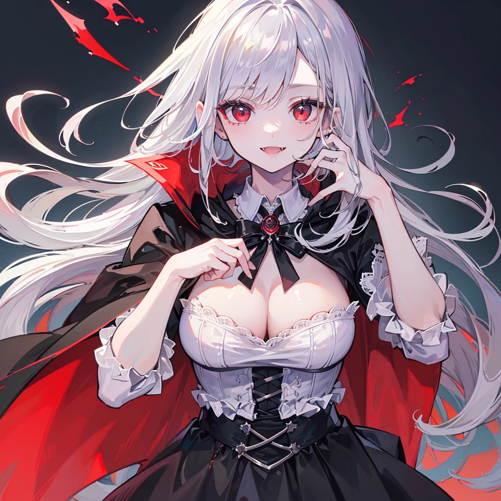 (((Best quality, 8k, Masterpiece: 1.3)), ((best quality)), ((masterpiece)), (detailed), vampire、Vampire Girl、Silver Hair、Red eyes、Sharp Fangs、Black Cape、Ruthless smile、Spooky Western-style building