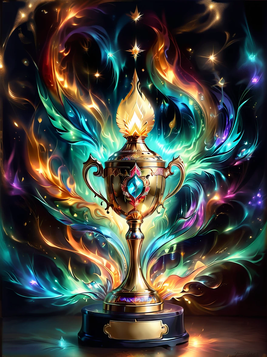 A vintage style gold leaf art oil painting，Depicts a beautiful golden trophy，It is decorated with exquisite gold foil patterns.，Carefully placed on the trophy is a majestic(Golden Flame：1.5)，Its jewels sparkle.，The trophy is made of gold，Set with precious gemstones，Glowing in the soft glow of the flame，Gold Leaf Glow，Metallic luster