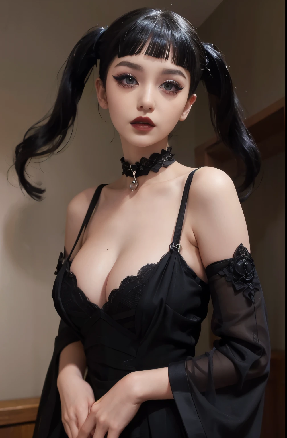 woman, goth, microbangs, black lips, eye shadow, eyeliner, mascara, smoky eyes, dress, sleeves, choker, pale skins, big breasts, indoors, twintails