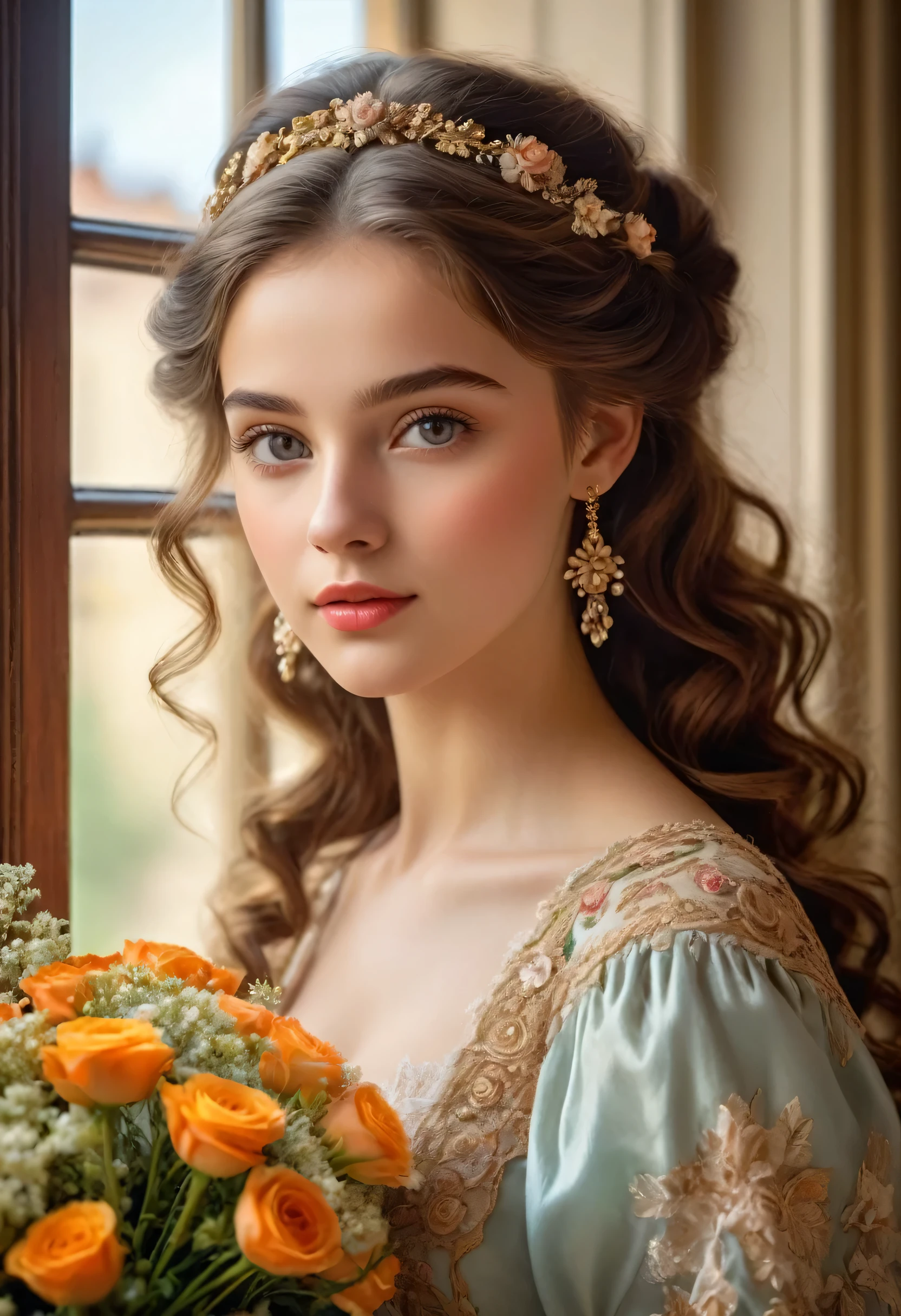 Portrait of a Beautiful 18-year-old Girl in 1910 medium: oil painting beautiful detailed eyes, beautiful detailed lips, extremely detailed eyes and face, long eyelashes chestnut brown hair in elaborate curls, styled with a delicate floral hair accessory elegant and ornate dress in vibrant colors, adorned with delicate lace and embroidery perfectly manicured hands holding a bouquet of fresh flowers soft and glowing skin, with a healthy rosy complexion subtle expression of youthful innocence and curiosity in her eyes graceful posture and gentle smile, radiating timeless charm faint sunlight gently filtering through a window, casting a warm glow on her face impeccable attention to lighting and shading, emphasizing the girl's natural beauty rich and vibrant color palette, capturing the elegance and opulence of 19th century Munich subtle brushstrokes and fine details, showcasing the artist's skill and mastery of the medium (masterpiece:1.2), ultra-detailed, (photorealistic:1.37), HDR, UHD, professional classic portrait style, reminiscent of the great masters of the era overall warm and inviting atmosphere, transporting the viewer to a bygone era