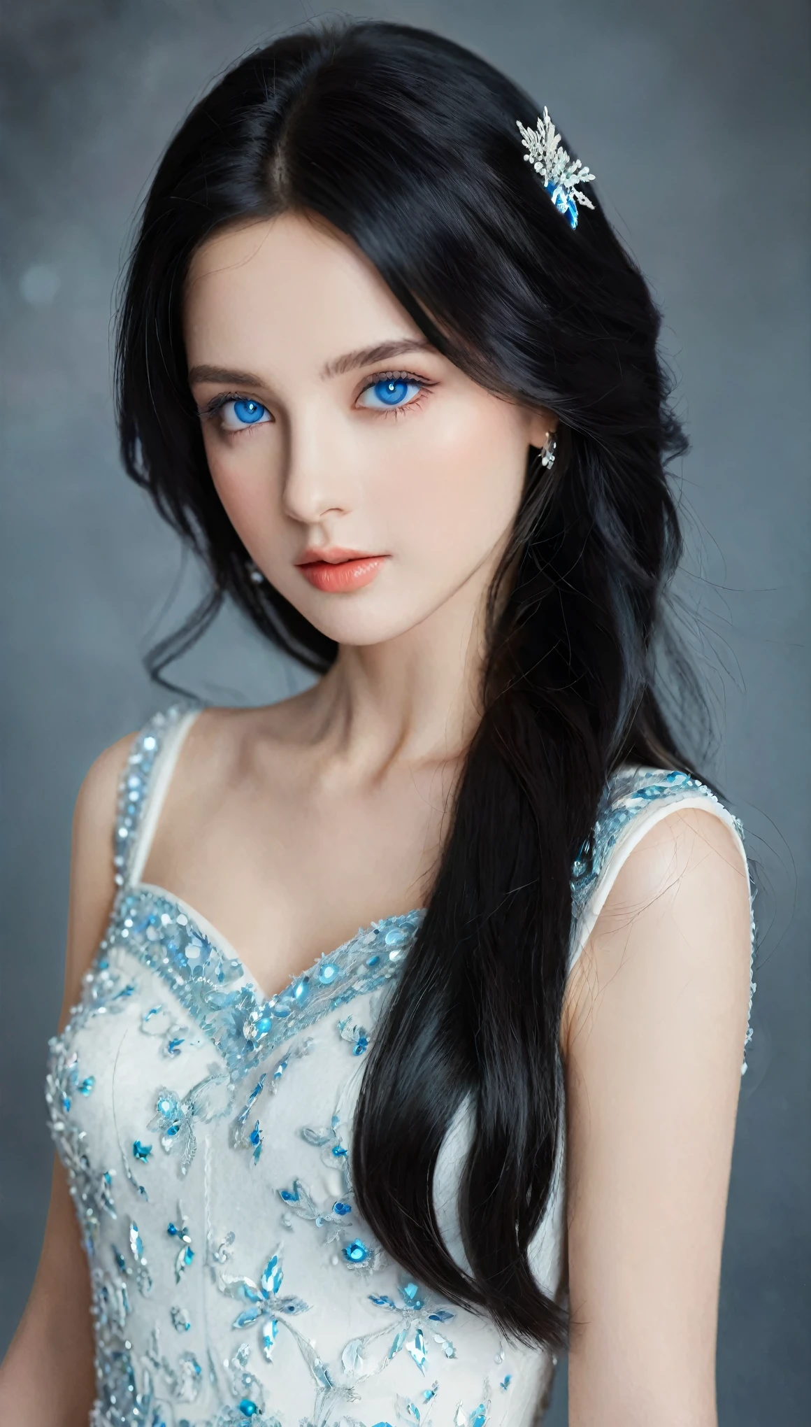 A beautiful and gorgeous young princess，With black hair and blue eyes, She was wearing a beautiful white dress
