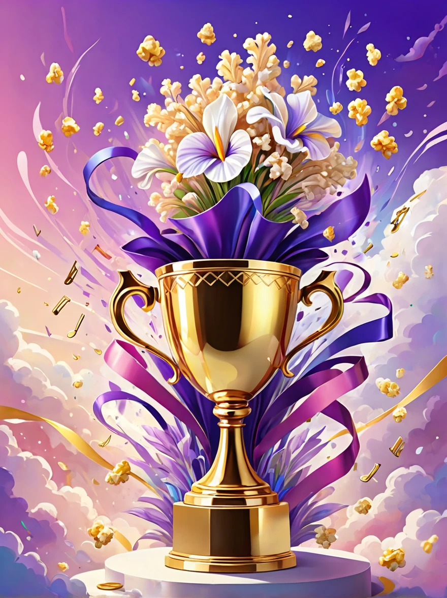 (((Crazy illustration abstract gold trophy:1.3)))，(((Trophy decoration effect:1.3)))，(((Wear ribbons:1.3)))，Eternal fantasy style，Dizziness symbol，iris，White smoke with multiple notes，Popcorn，lavender blush，Artistic Color，Diamond shape with dots inside，Paradise in Heaven，shelter，high resolution，Rich colorful brushstrokes，The most true，Details of the origins and consequences of the absurd，Ridiculous resolution，Showing readiness to sacrifice one&#39;s life，Pretend to be brave and fearless，The atmosphere disappears quietly，Creating Hell，Paradise of Despair，and madness，Background secret stone carving broken，Light and Shadow，Confusing the Light of Truth，The brilliance of countless star fragments，Illustrations show justice and stupidity，Crazy Wolf，Seamless dark fantasy smoke，Dazzling fantasy garden illustration，Sad flower，Reverberation Reflection