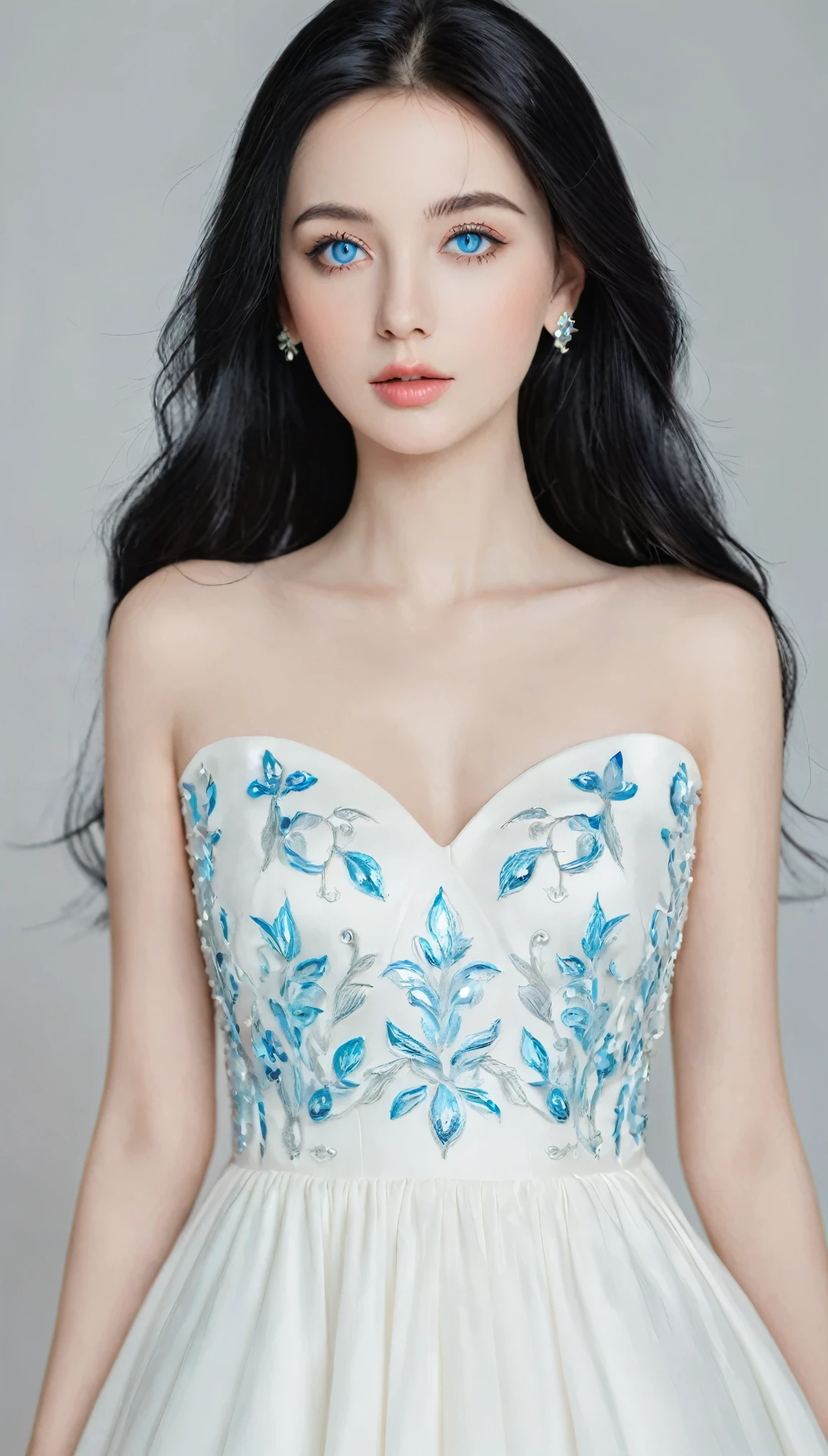 A beautiful and gorgeous young princess，With black hair and blue eyes, She was wearing a beautiful white dress