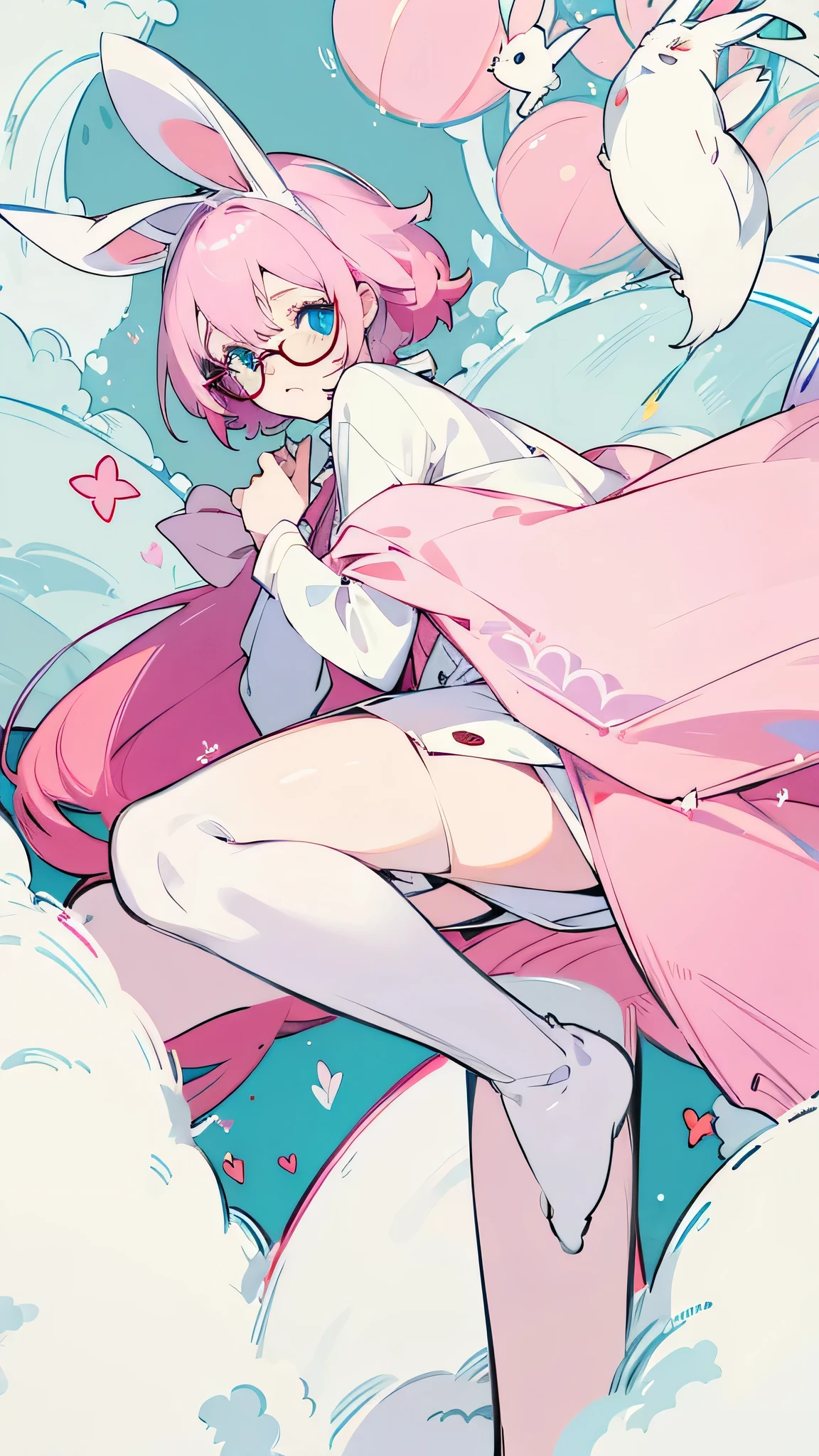 Cute bunny girl, pink hair, wearing glasses, blue eyes, pale skin, masterpiece, high quality, beautiful