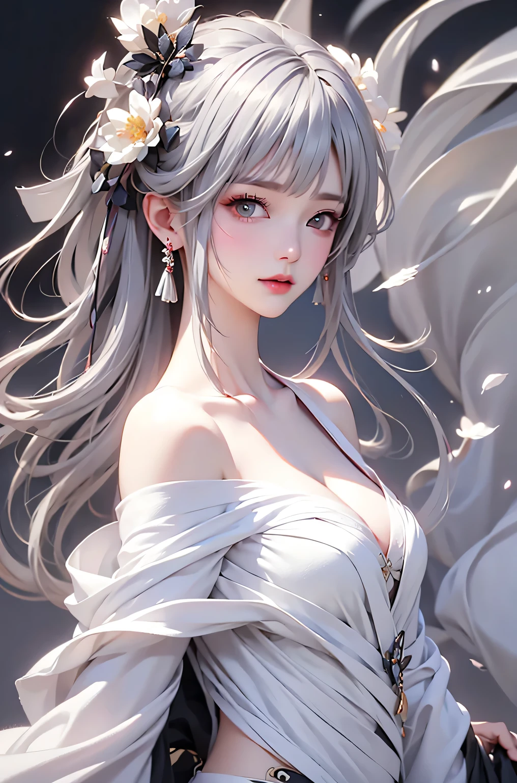 super high quality, masterpiece, Perfect illustration, Very detailed (Exquisite light and shadow, Very dramatic photo,Backlight) , ((Gray Hair:1.5))1 girl, alone, (Wearing Han clothes, Royalty、Black and white Hanfu,Thick fabric,Long sleeve) Flower Field, Flowers, (White smoke:1.3) (Realistic:1.4), Zen Intertwining, Tangled, Official Art, unity 8k wallpaper, Very detailed, Beautiful and beautiful, masterpiece, highest quality, (Dynamic Angle: 1.4), Glowing Skin, (Floating colorful flashes: 1) The most beautiful chaotic shapes, elegant, Brutalist Design, Bright colors, Romantic Depth of Field Exotic_dance, half_naked、((Off the shoulder、medium breasts、Beautiful cleavage))