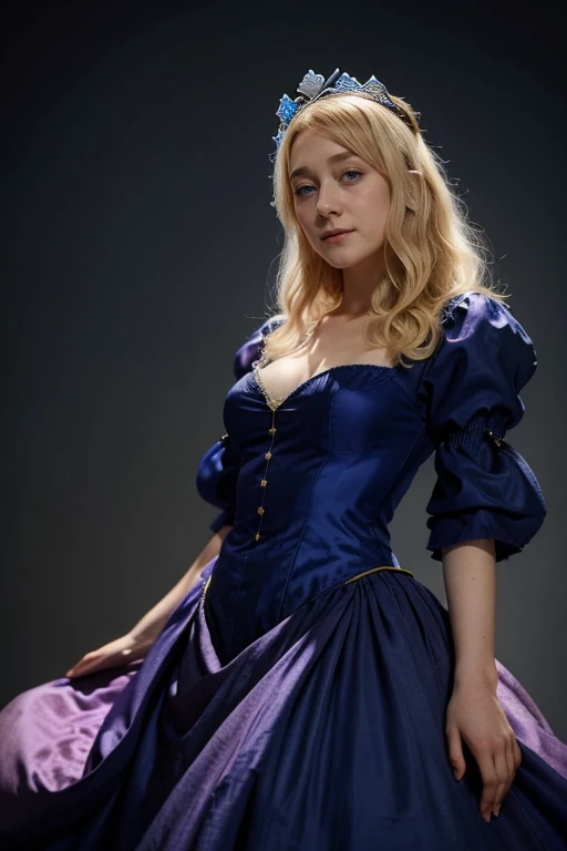 blonde Frau mit klaren blauen Augen, wears a delicate crown, 20 Jahre, Saoirse Ronan, mit Juwelen, Full body, in a dark pink Regency dress with sleeves, Englische Prinzessin, Happy, 1814, Ball