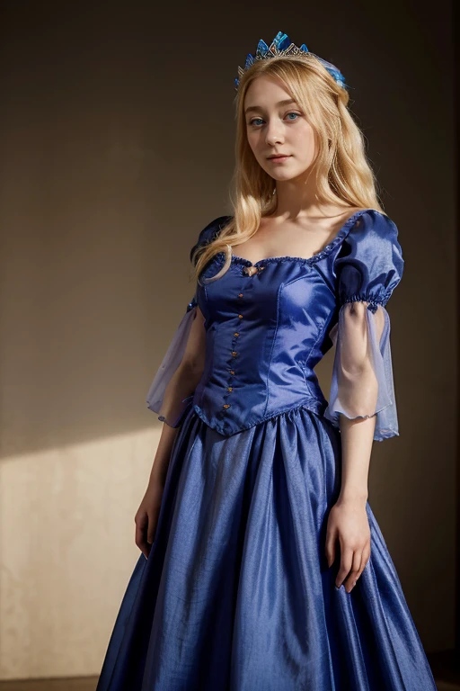 blonde Frau mit klaren blauen Augen, wears a delicate crown, 20 Jahre, Saoirse Ronan, mit Juwelen, Full body, in a dark pink Regency dress with sleeves, Englische Prinzessin, Happy, 1814, Ball