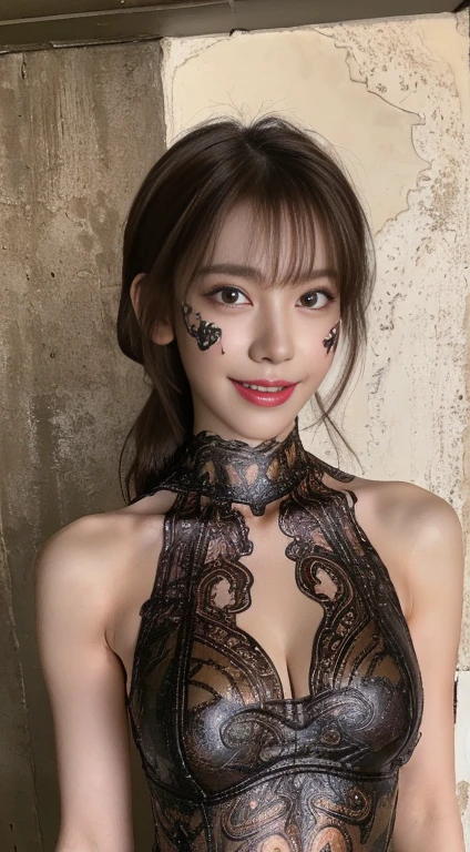 ((Realistic lighting, highest quality, 8k, masterpiece: 1.3)), Clear focus: 1.2, 1 girl, Perfect body beauty: 1.4, Slim Abs: 1.1, ((Dark brown hair, Big Breasts: 1.3)), (Finished with body paint,Dark brown transparent paisley pattern race queen: 1.4), (outside, night: 1.1),Body Paint Dresses, whole body, Long legs, A wall that appears to be painted white, Very beautiful face, Beautiful Eyes, double eyelid,A refreshing smile