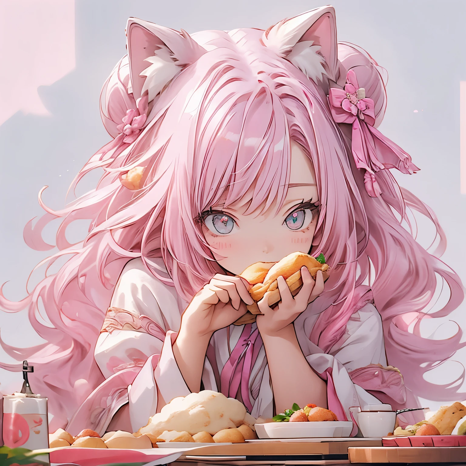 Cat ears with pink ribbon、Pink Hair、Bun Hair、Chinese clothing、Eat delicious food、Laugh happily、adult