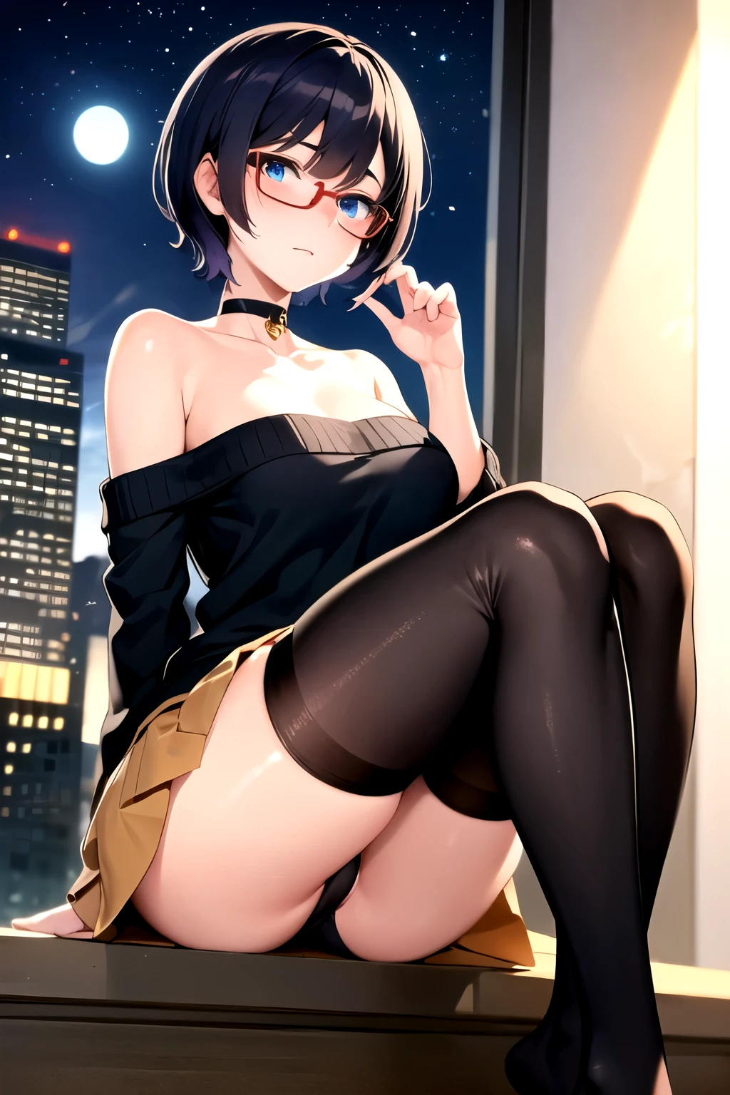 masterpiece, best quality, wallpaper, 1girl, purple short hair, black hair, sky blue eyes, hair accessories, cute, innocent, off-shoulder sweater, , brown tight skirt, 35 years old female, innocent, safe for work, wholesome, city streets, night, fashion, mature face, mature body, slender body, slender legs, medium breast, sitting pose, front view, embarrassed face, front view, low angle, black pantyhose, off-shoulder sweater, glasses, perfect hands, panty visible, sitting, underwear visible, lifting skirt up, wearing choker, moe,