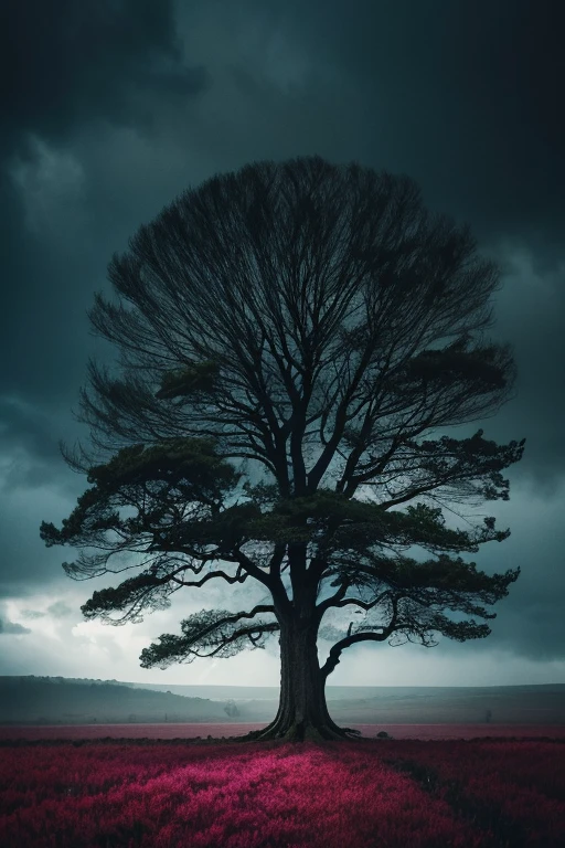 A cinematic watercolor wash illustration by artist Supersy, capturing a majestic tree in the shape of a face. The tree stands tall in the middle of a vast open field, with its roots displaying immense strength and stability. The tree's face is a blend of black and white, transitioning into vibrant rainbow gradients, symbolizing life and tranquility amidst tumultuous weather. The wind-swept tree embraces the elements, embodying a dark fantasy theme with a vibrant and vivid atmosphere., vibrant, painting, illustration, cinematic, photo, poster, dark fantasy