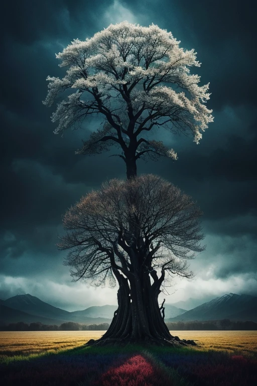 A cinematic watercolor wash illustration by artist Supersy, capturing a majestic tree in the shape of a face. The tree stands tall in the middle of a vast open field, with its roots displaying immense strength and stability. The tree's face is a blend of black and white, transitioning into vibrant rainbow gradients, symbolizing life and tranquility amidst tumultuous weather. The wind-swept tree embraces the elements, embodying a dark fantasy theme with a vibrant and vivid atmosphere., vibrant, painting, illustration, cinematic, photo, poster, dark fantasy