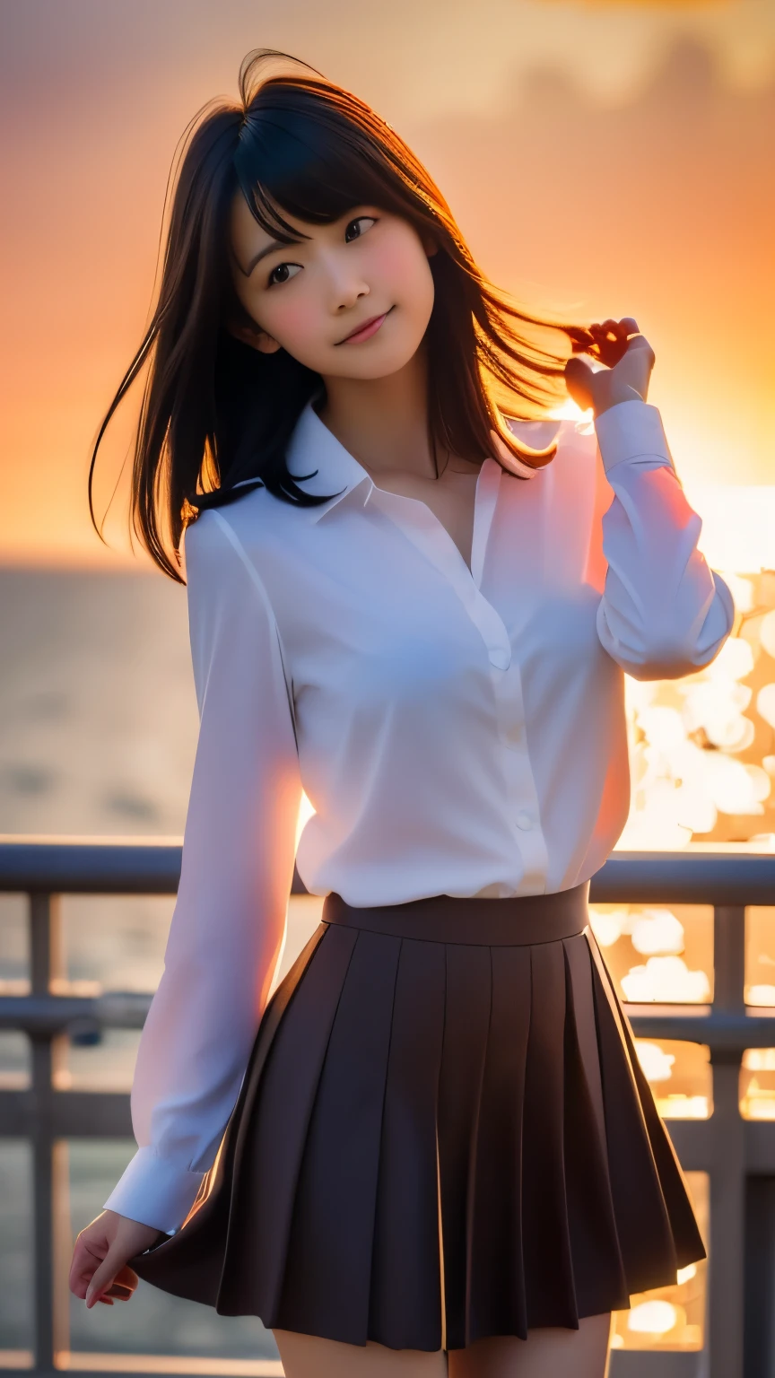 (highest quality, High resolution, Tabletop :1.3), (Shooting from below), Beautiful woman, Orange sunset sky, Sun and clouds with ocean in the background, Cute girl in uniform. Her hair is light brown、Medium bob style。. She wears a white blouse and pleated skirt, Stand with your feet wide apart, Blushing, looking at the camera, Dynamic photography