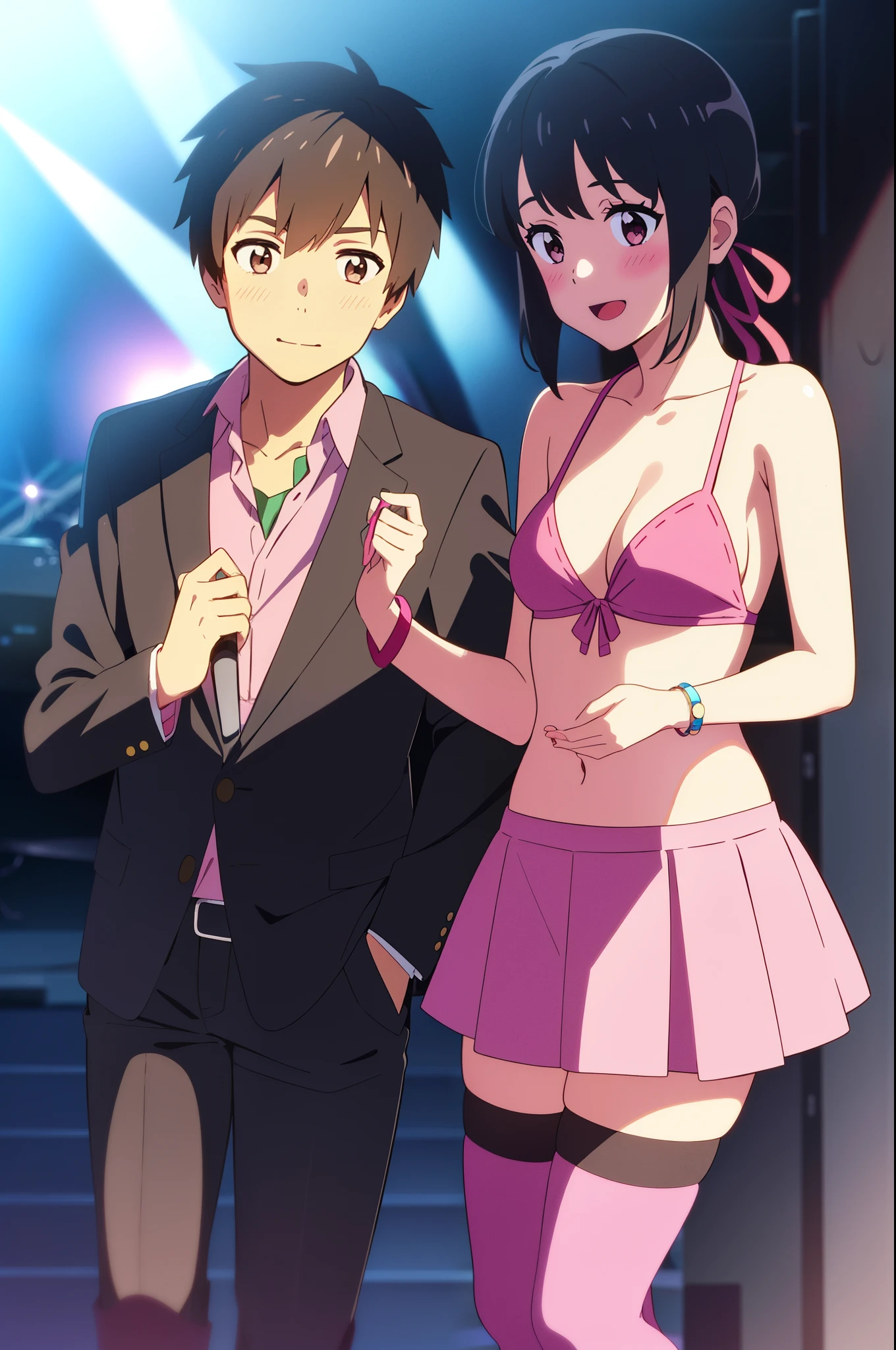 shinkai makoto, kimi no na wa., 1girl, 1boy, bangs, black hair, short hair, blush, brown eyes, (boy wear shirt, jacket, pants), ((girl wear idol dress, collarbone, red ribbon, pink bikini, pink skirt, short skirt, Off-the-shoulders, black thighhighs)), bracelet, smile, cute, love, couple, adorable, dating, outdoors, looking at viewers, open mouth, singing, concert, stage