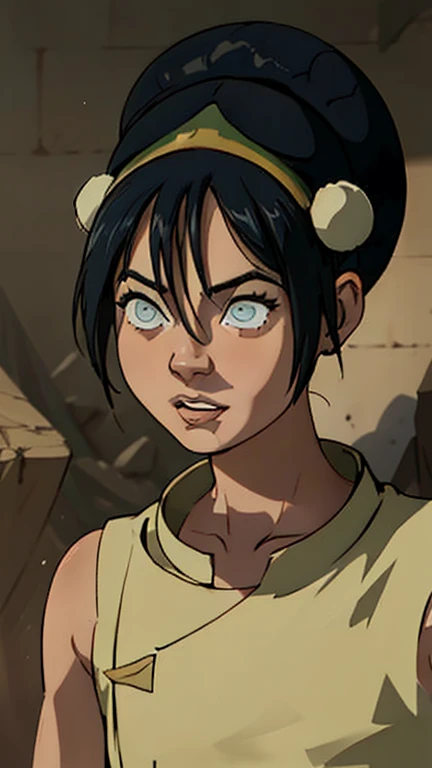  beautiful detailed eyes, beautiful detailed lips, extremely detailed eyes and face, long eyelashes, best quality, 8k, ), 1 girl, Toph BeiFong, 10 ultra detailed, Detailed lips, Young, blind, bun hair, Nude body, flat torso, shy, from under view, looking down, saliva