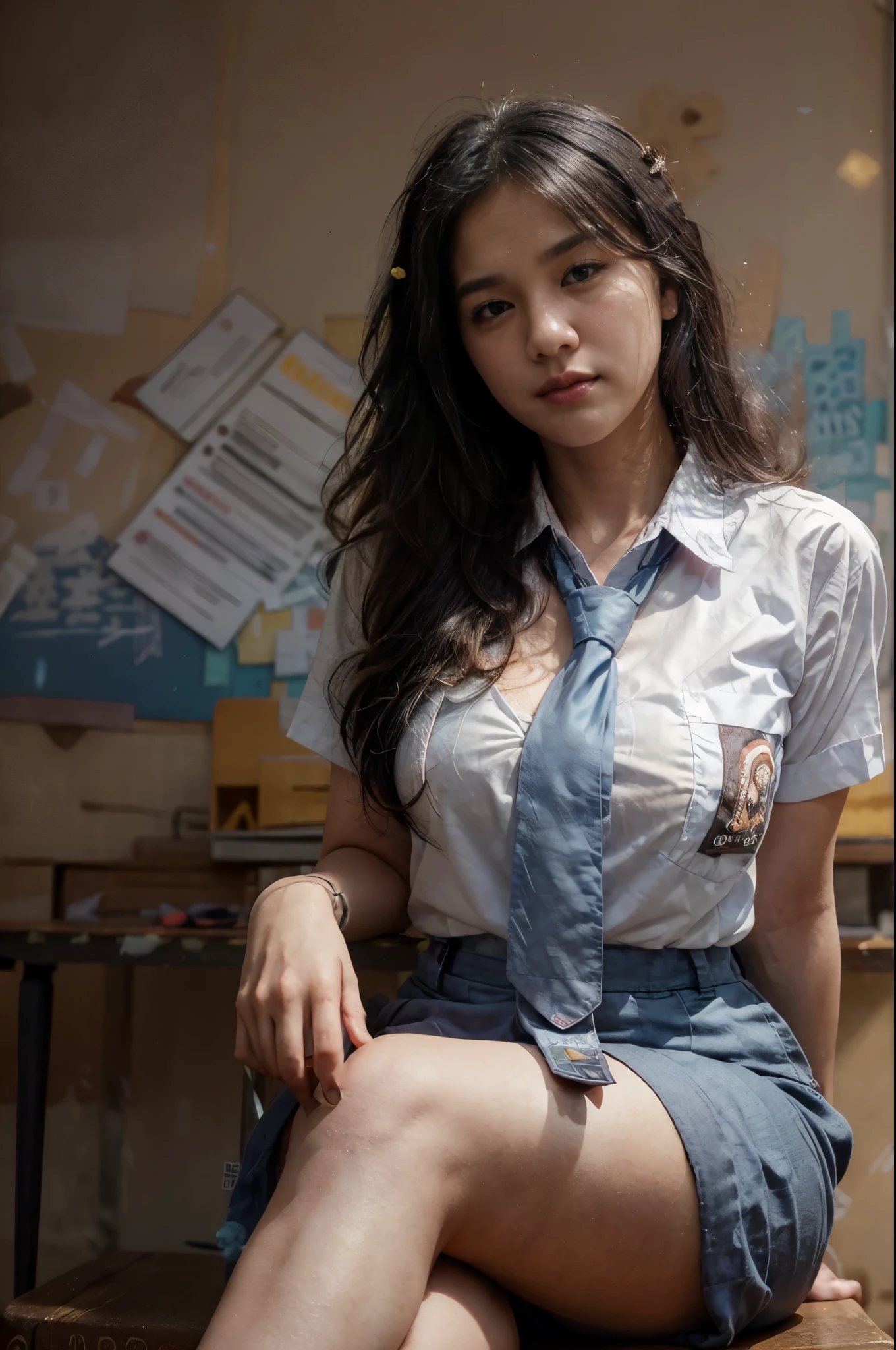 Photorealistic, (half body:1.3, exposed face), low angle, (seen from below:1.1), in frame, a japanese young woman, ((white button shirt:1.2, with grey blue necktie:1.2, exposed her cleavage), uniform of indonesian high school likeness:1.3), a hyperrealistic beautiful young woman with grayish blue eyes,extreme detailed face, flowing hair, (black hair:1.4), natural sagging breast, high detailed official artwork, beautiful girls with plumpy body and busty posture, fatty belly, long legs, attractive mature woman, (atractive poses:1.3, open-legged), sitting on the (desk:1.2), in the classroom, surrounded by student, skyview background, dubnitskiy david fanart, realistic portrait, smooth photorealistic, perfect visual of a cute girls, cute girls with round soft face, face focus, makoto shinkai and artgerm, photon mapping, natural light, warm color tones, vivid colors, cool ambient, foggy atmosphere