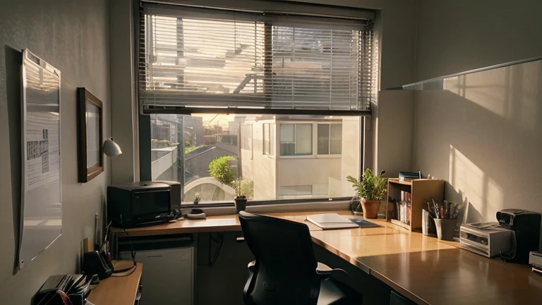 Small office, dimly lit, twilight sun with line shadow