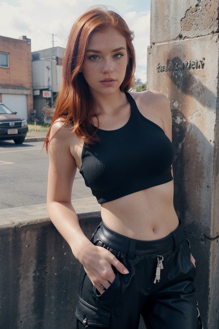 Half body photo of a cute 20 year old pretty redhead girl, redhead, ultra textured leather, or looks at the camera , full face (you look shy:1.3), freckles, detailed face, detailed skin, (ribbed crop top with cargo pants and chunky sneakers), beautiful body, Big round blue eyes, black eyeliner, sensual lips, Suggestive pose, bigs breast