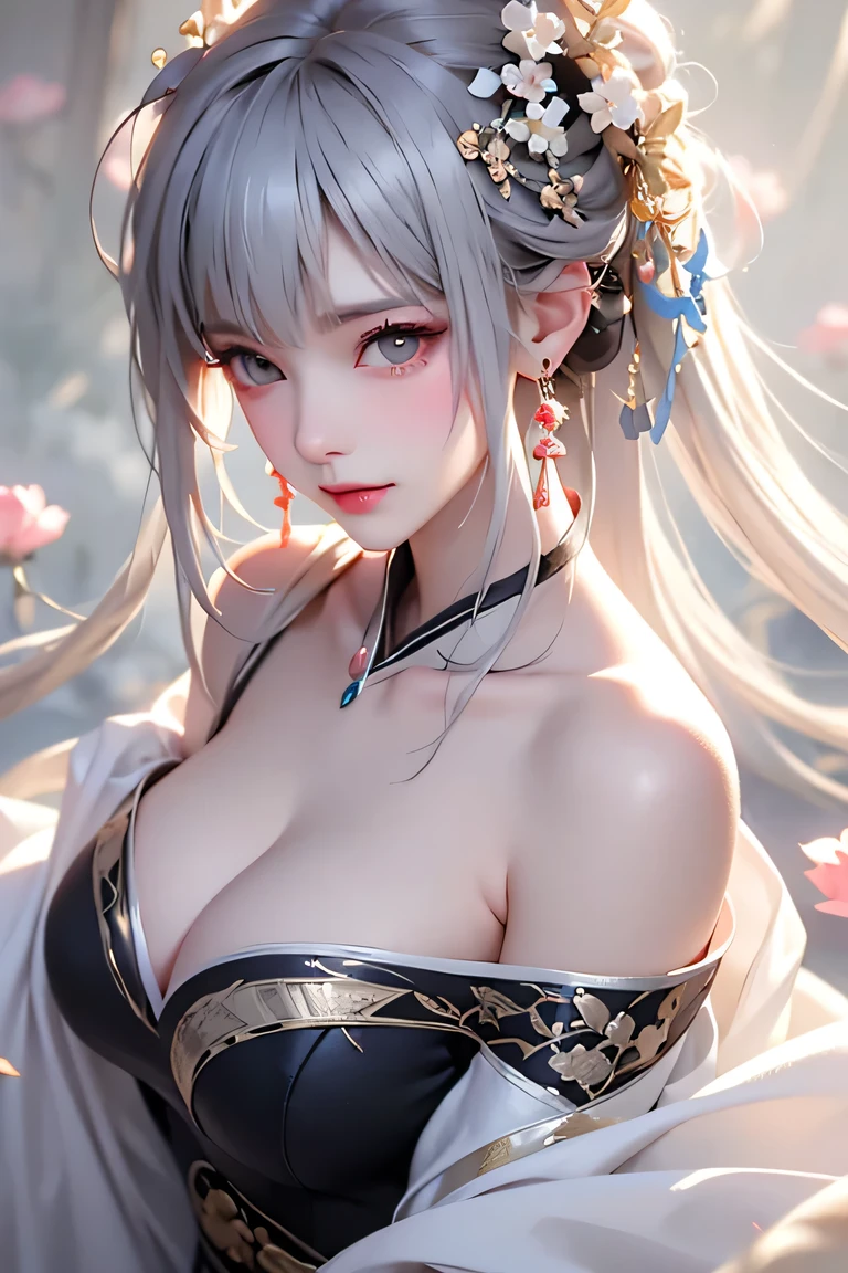 super high quality, masterpiece, Perfect illustration, Very detailed (Exquisite light and shadow, Very dramatic photo,Backlight) , ((Gray Hair:1.5))1 girl, alone, (Wearing Han clothes, Royalty、Black and white Hanfu,Thick fabric,Long sleeve) Flower Field, Flowers, (White smoke:1.3) (Realistic:1.4), Zen Intertwining, Tangled, Official Art, unity 8k wallpaper, Very detailed, Beautiful and beautiful, masterpiece, highest quality, (Dynamic Angle: 1.4), Glowing Skin, (Floating colorful flashes: 1) The most beautiful chaotic shapes, elegant, Brutalist Design, Bright colors, Romantic Depth of Field Exotic_dance, half_naked、((Off the shoulder、medium breasts、Beautiful cleavage))