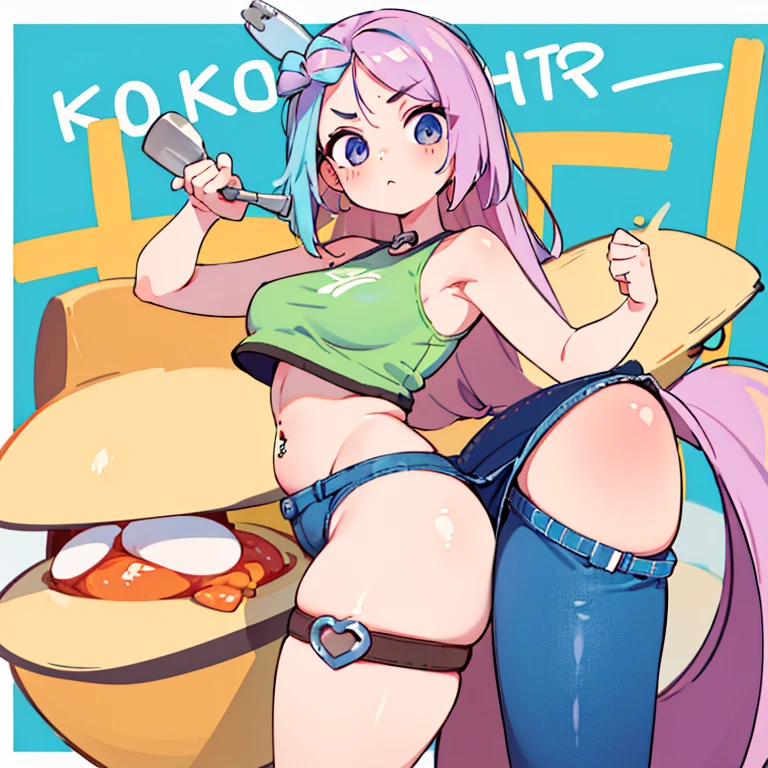 A woman in a tank top and full-zip shorts making salsa sauce at a taco stand Jeans have belts Belly button piercing There are side slits Big butt Detail the buttocks Detailing the groin area Up to the thighs High leg Swirl Eyes Show Panties