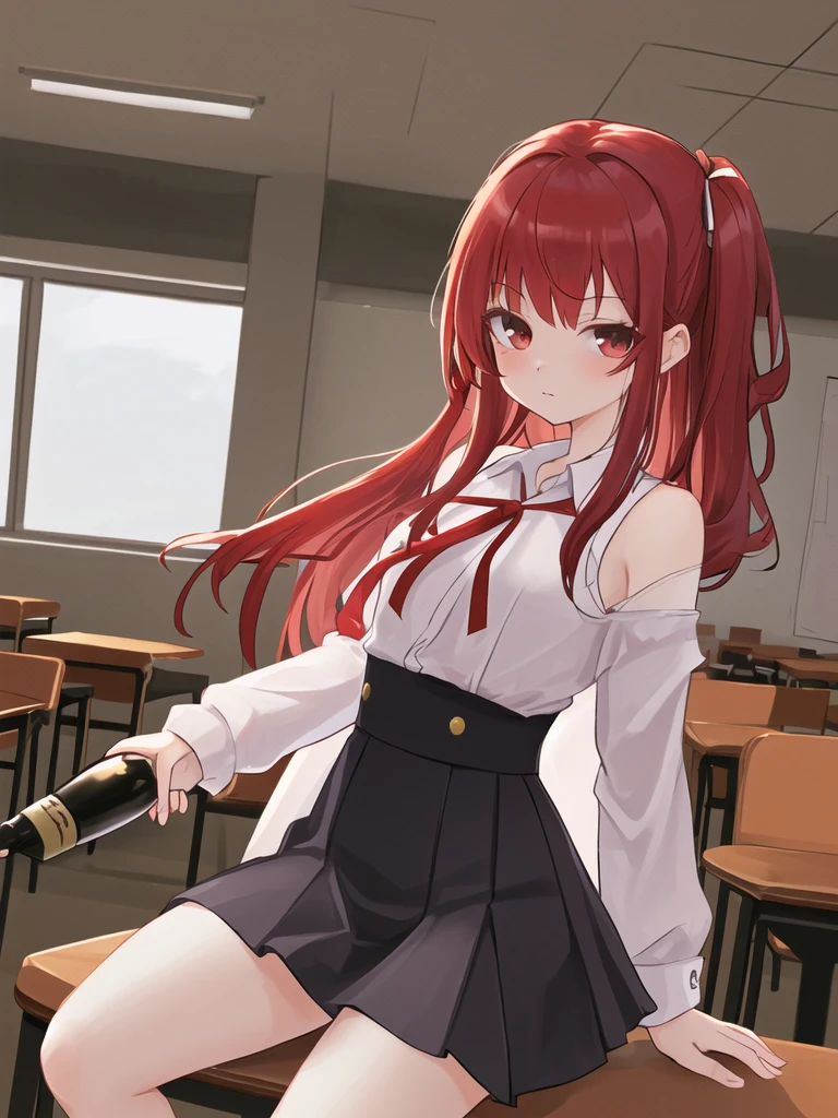 Masterpiece,Wine red hair,Side Tail(left),Hair is shoulder length,shirt,Chest ribbon,mini skirt,classroom