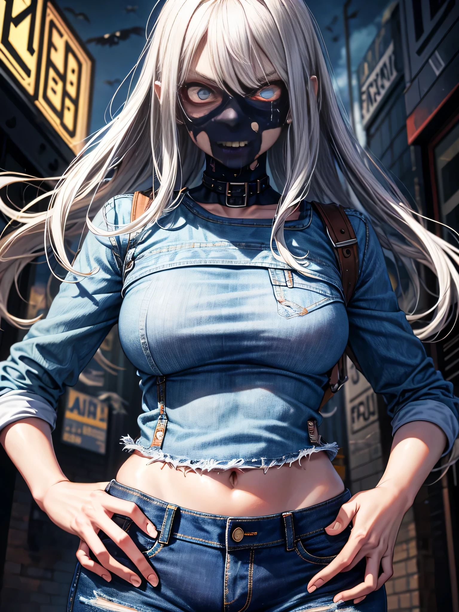 apocalyptic girl, jeans, side eyes, afraid expression, mouth open, zombie theme, night time, terrified