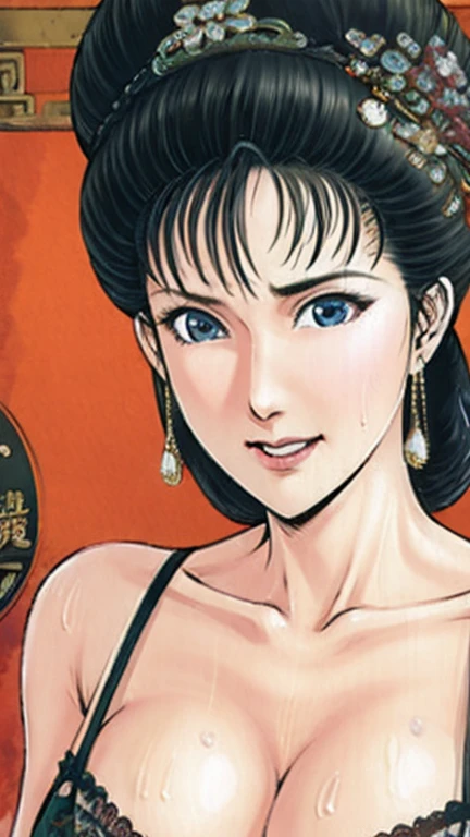 (best quality), (very aesthetic), (ultra-detailed), (best illustration),,a mature female,Perfect Face,Suikoden,Mrs. Lin,(full_body),big breast,red cheek,Sweating,skinny, chinese traditional lingerie,chinese traditional style bed,Crying quietly