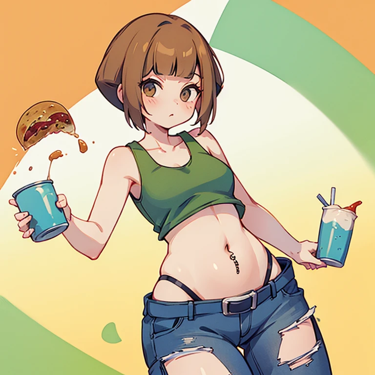 A woman in a tank top and full-zip shorts making salsa sauce at a taco stand　Jeans have belts　Belly button piercing　　There are side slits　Big butt　Detail the buttocks　Detailing the groin area　Up to the thighs　High leg　Swirl Eyes　Show Panties