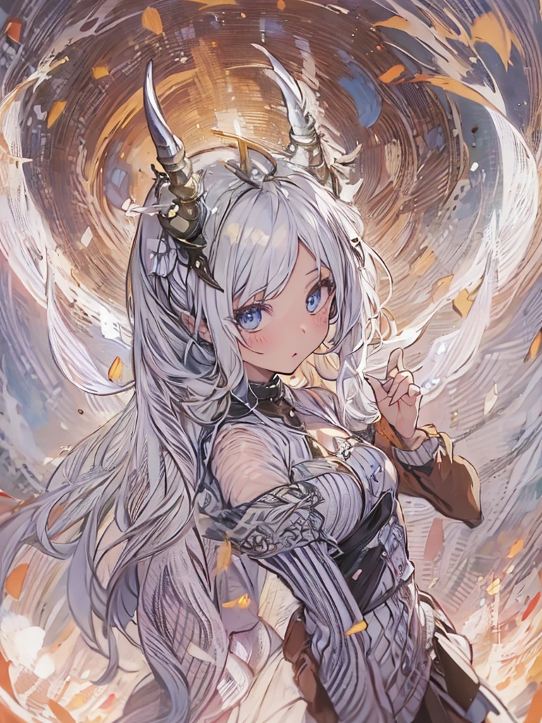 ((masterpiece)), ((bestquality)), 1 girl, solo, a 15-year-old girl, white hair, blue eyes, detailed face, dragonian_head, dragonian_body, dragonian_hairstyle, dragonian_horns, dragonian_tail, one white tail, white long dress, black choker, ((circlet on head)), off-shoulder, bangs, volcano, red sky, flame meteorite rain, flame, full_body_shot, looking afar